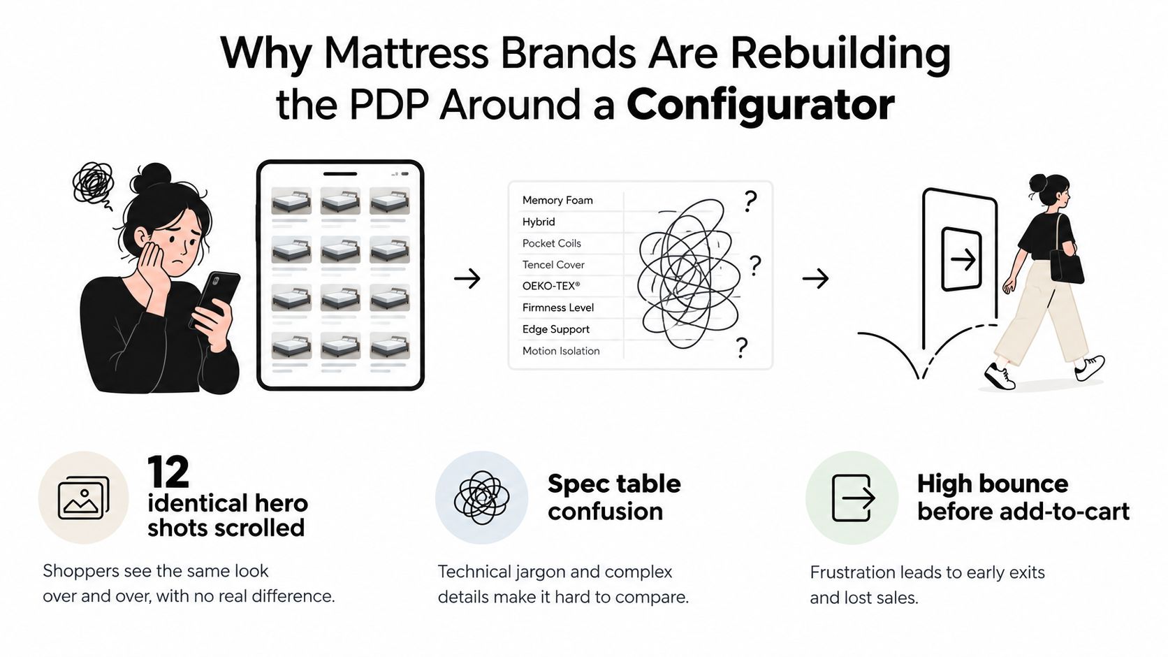 A woman looks frustrated while shopping for mattresses online, illustrating how complex product pages lead to lost sales.