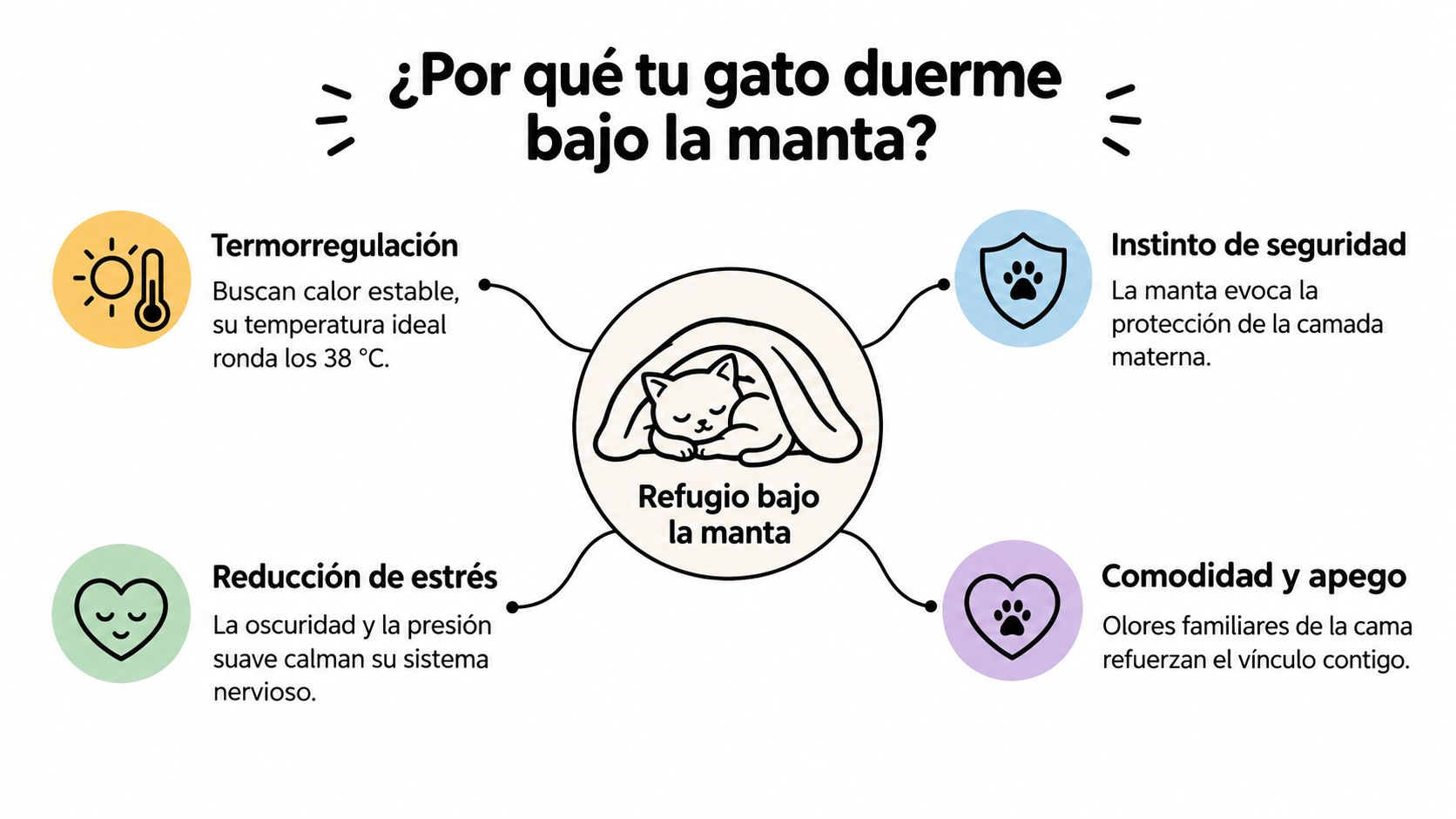 Infografía sobre las razones por las que los gatos buscan dormir escondidos debajo de una manta.