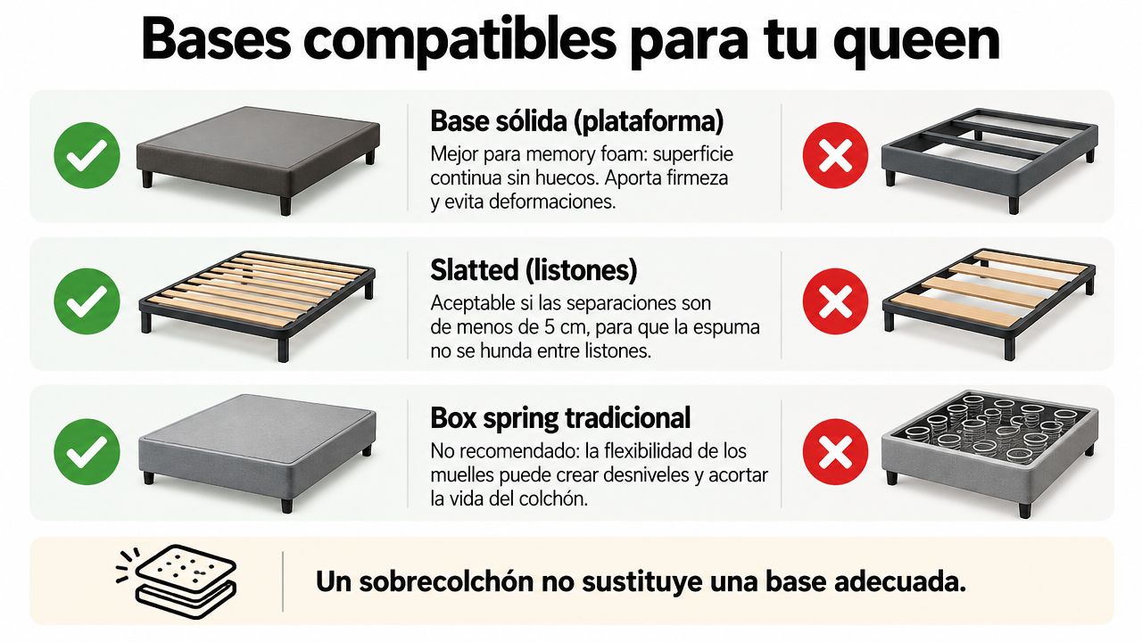 Guía visual que muestra qué bases de cama son compatibles con colchones de espuma viscoelástica tipo queen.