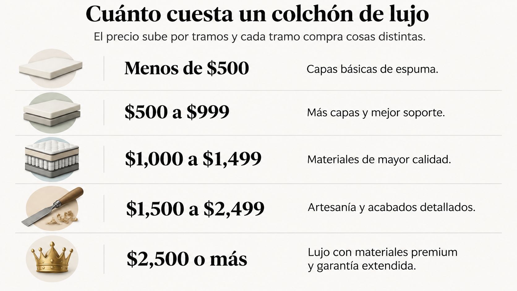 Una infografía informativa sobre los rangos de precios de colchones y sus características de calidad correspondientes.