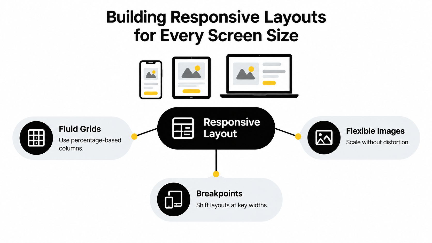 A diagram illustrating the three fundamental pillars of responsive web design: fluid grids, flexible images, and breakpoints.