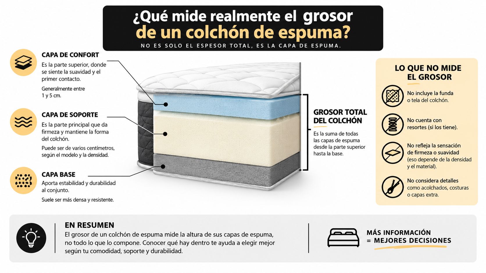 Infografía que explica las capas de un colchón de espuma y cómo se mide su grosor total.