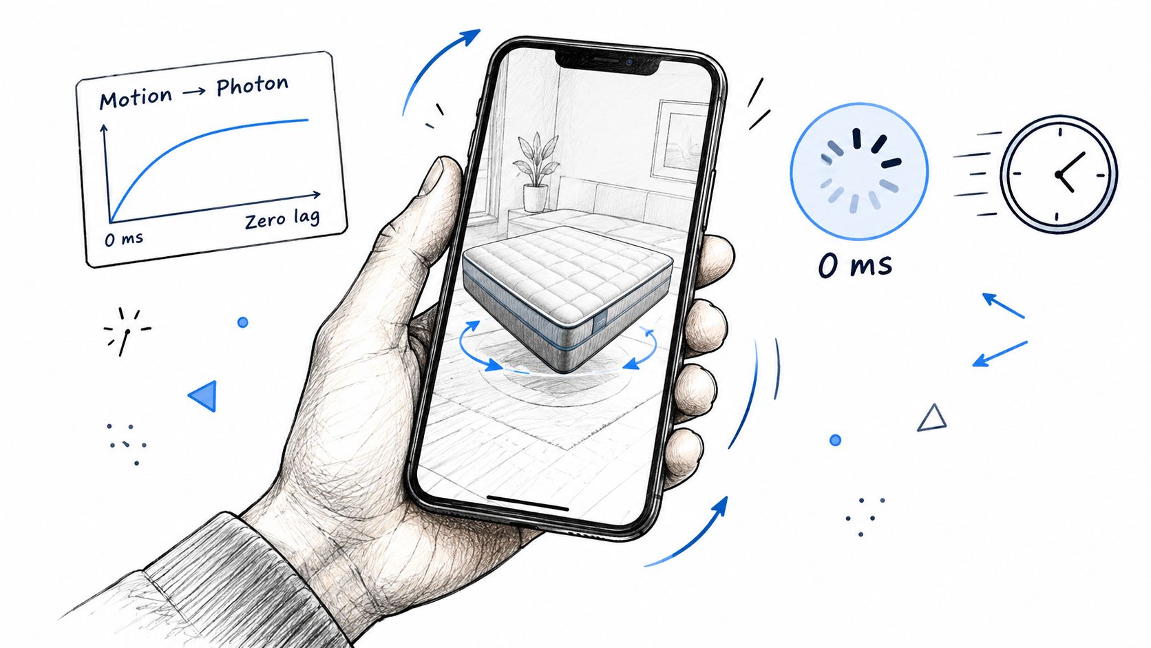A hand holding a smartphone displaying an interactive 3D model of a mattress with zero latency.