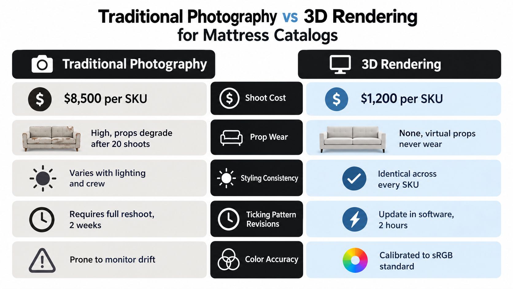 A comparison chart showing the differences between traditional photography and 3D rendering for mattress product catalogs.