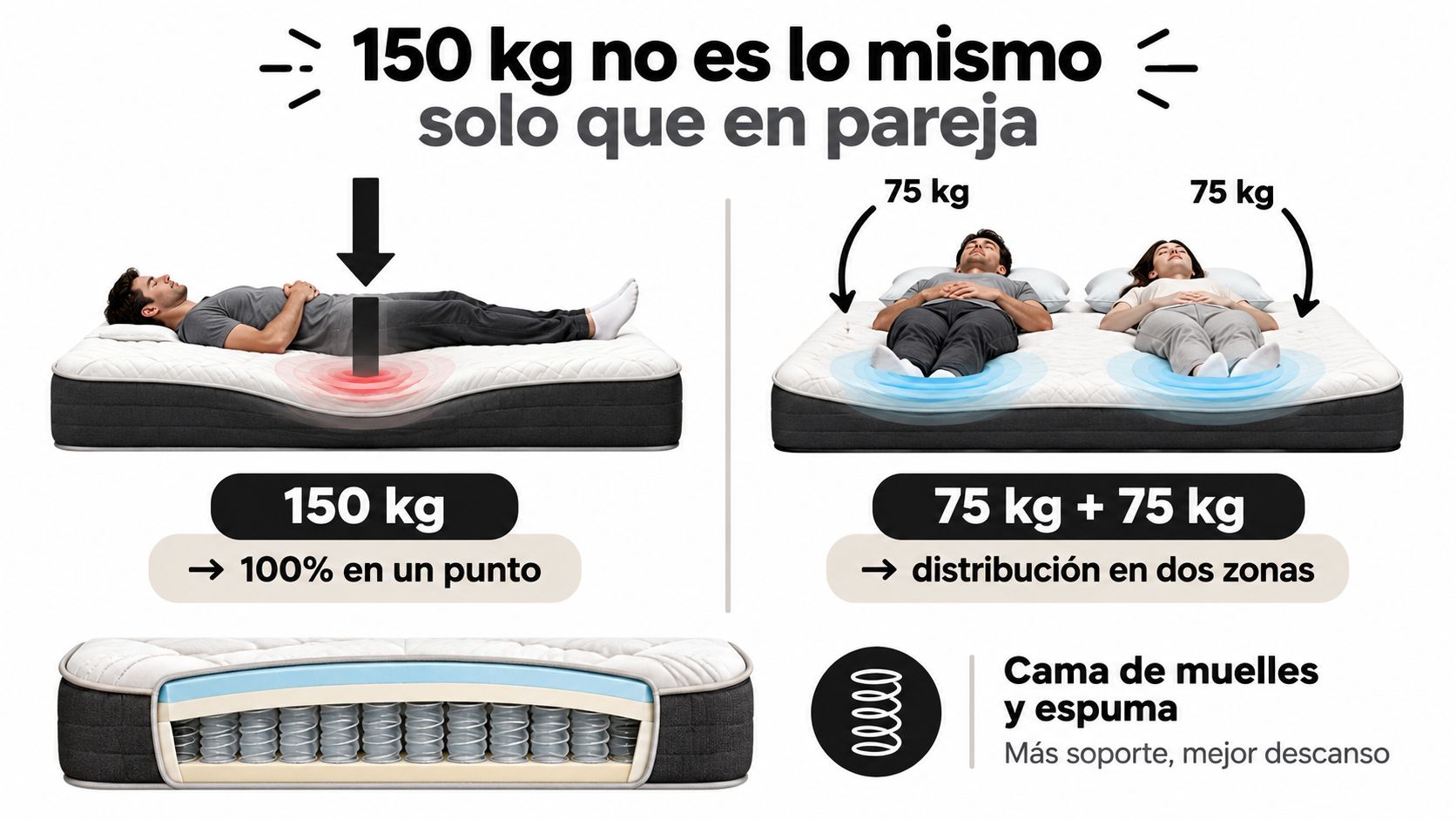 Comparativa visual de distribución de peso en un colchón de muelles y espuma para parejas.