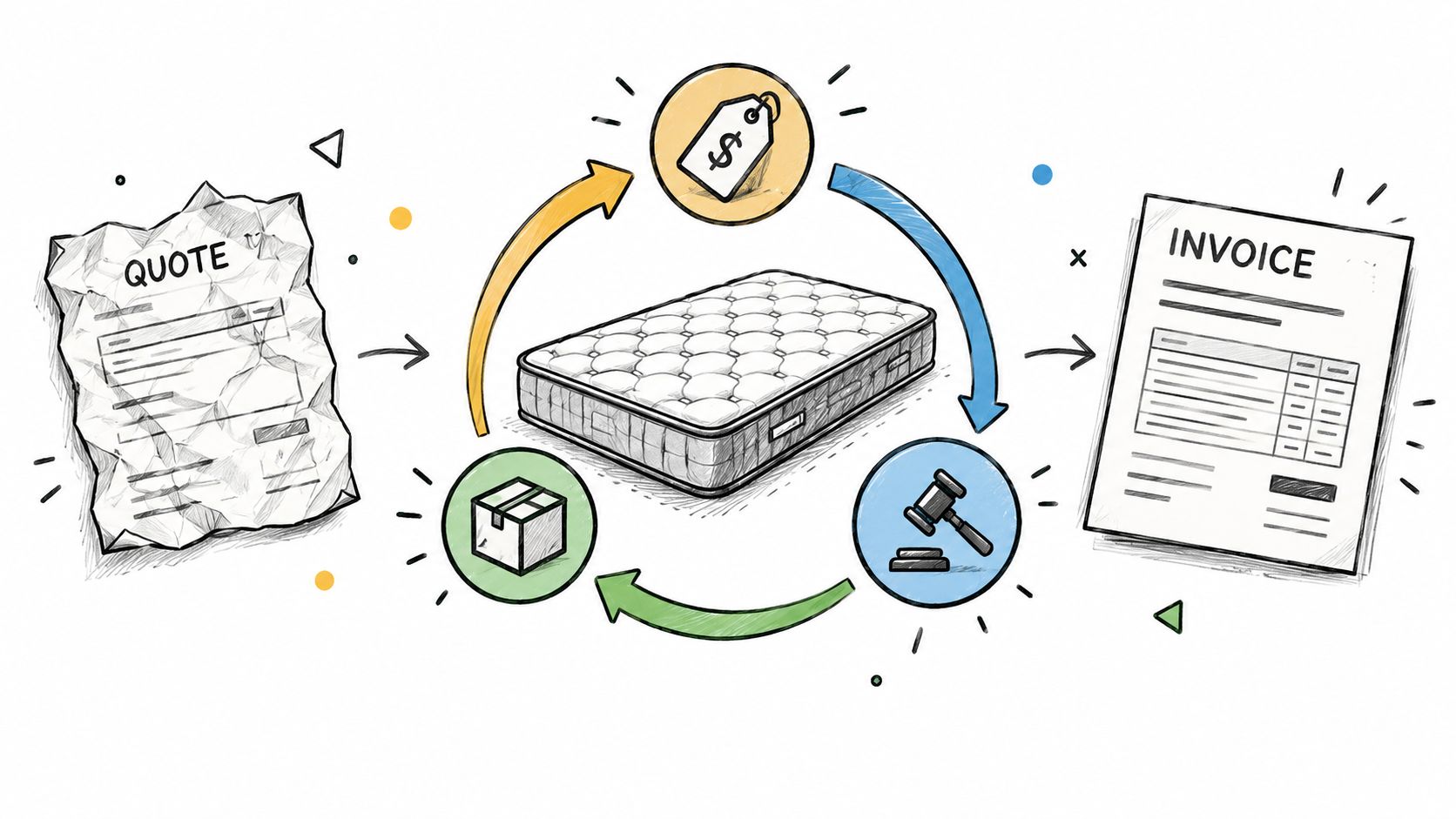 A hand-drawn illustration depicting the business process cycle from mattress quote to invoice and delivery.