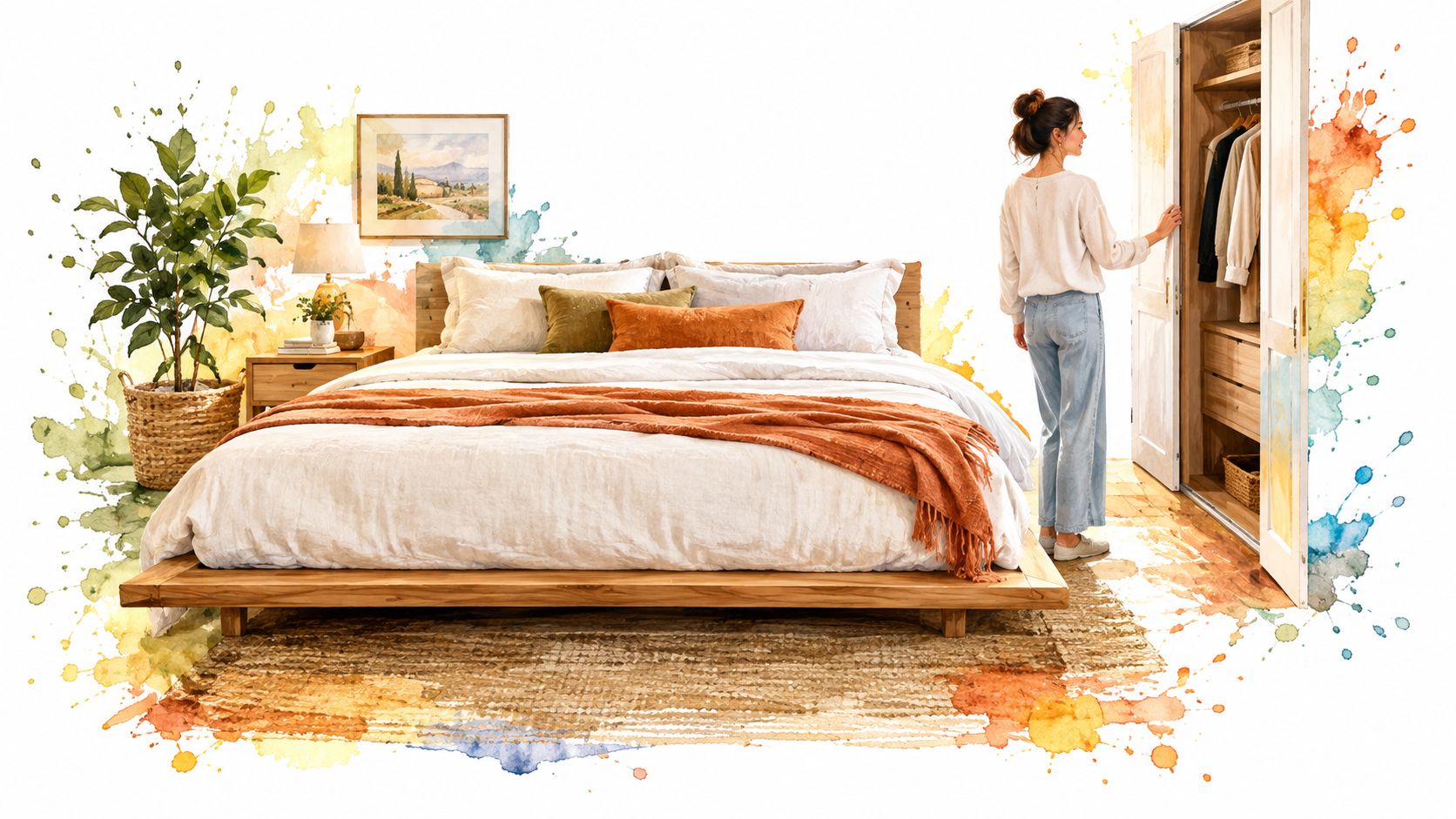 Dormitorio moderno con cama grande y mujer eligiendo ropa en un armario de madera, estilo artístico acuarela.