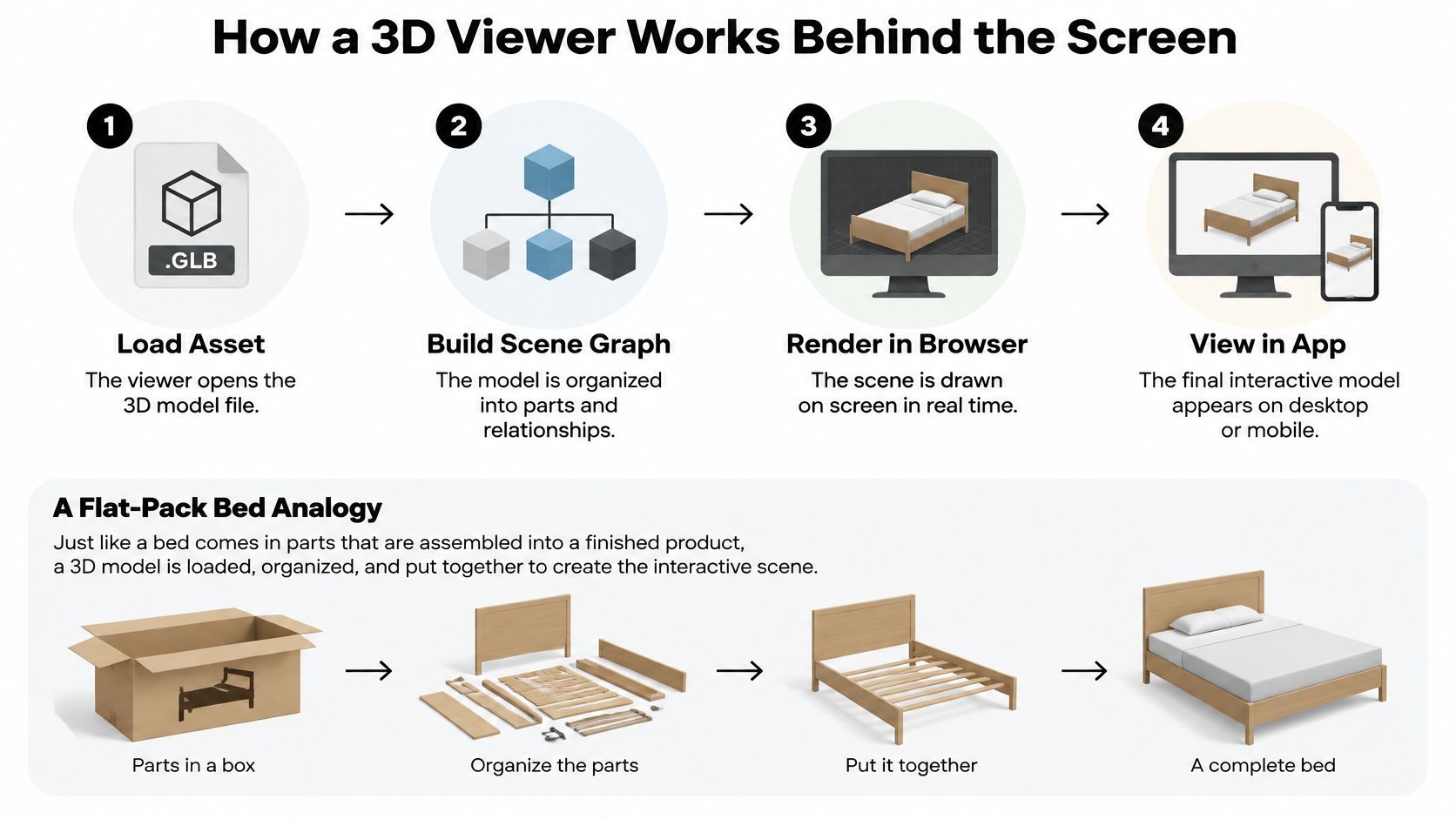 A diagram explaining how a 3D viewer works using a flat-pack bed assembly analogy for better understanding.