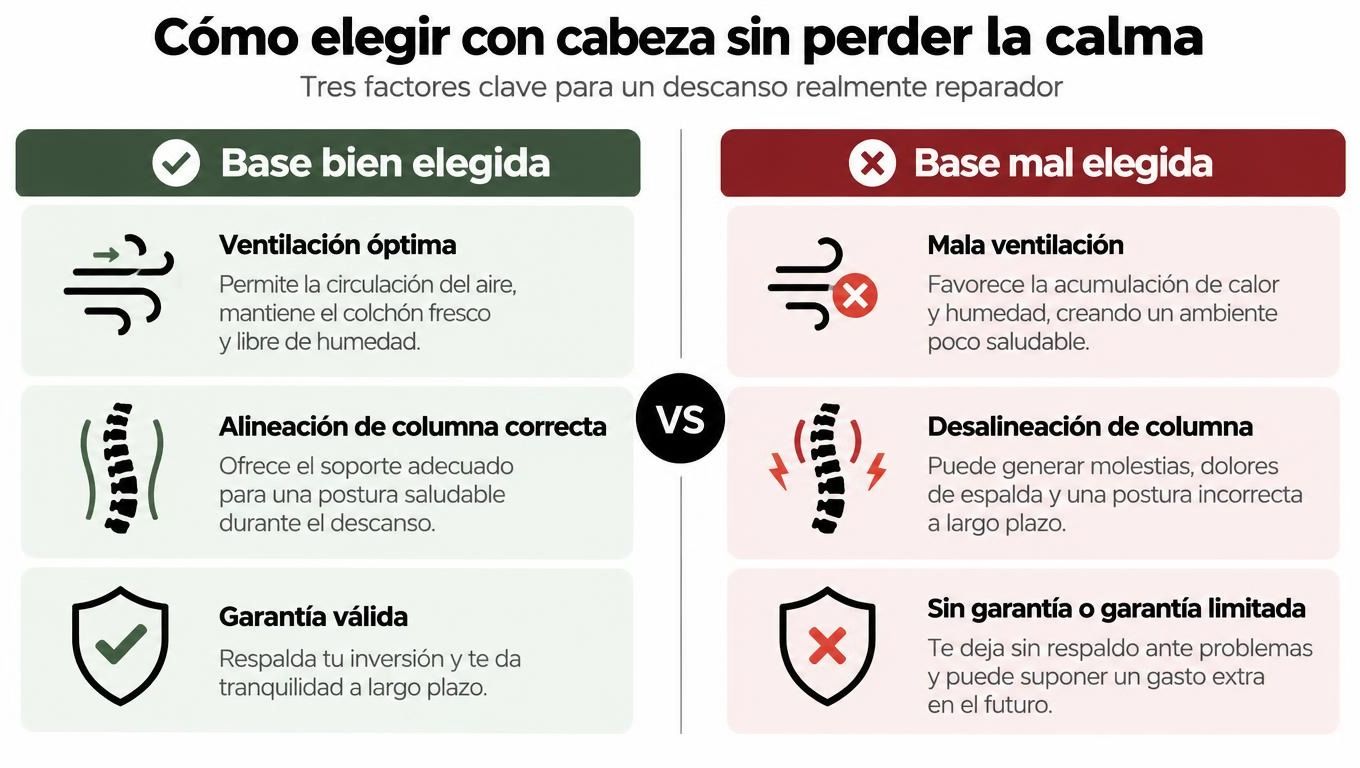 Comparativa visual sobre la importancia de elegir una base adecuada para el colchón para un descanso saludable.
