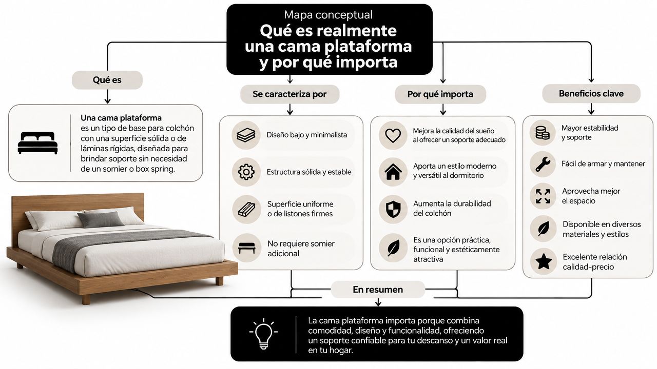 Mapa conceptual que explica qué es una cama plataforma, sus características, beneficios clave y por qué es importante.