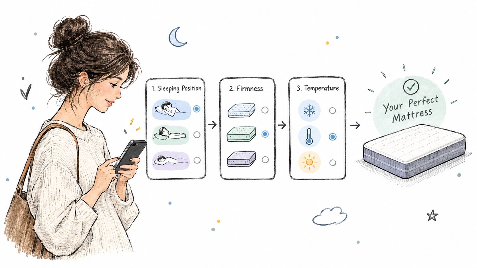 A young woman uses a smartphone to choose mattress preferences for sleeping position, firmness, and temperature.