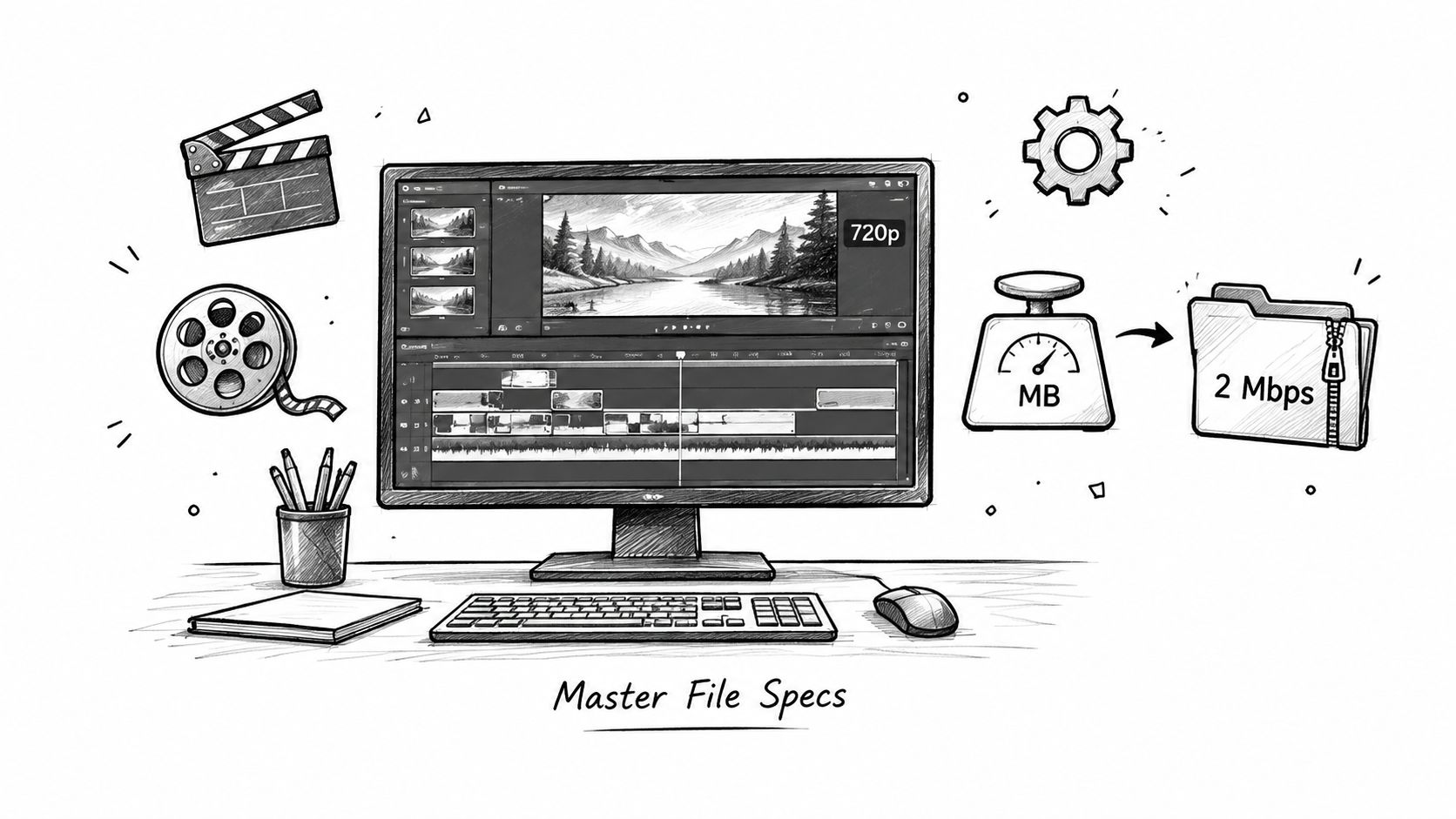 A hand-drawn illustration depicting a computer monitor editing a video with file specifications shown as 720p and 2 Mbps.
