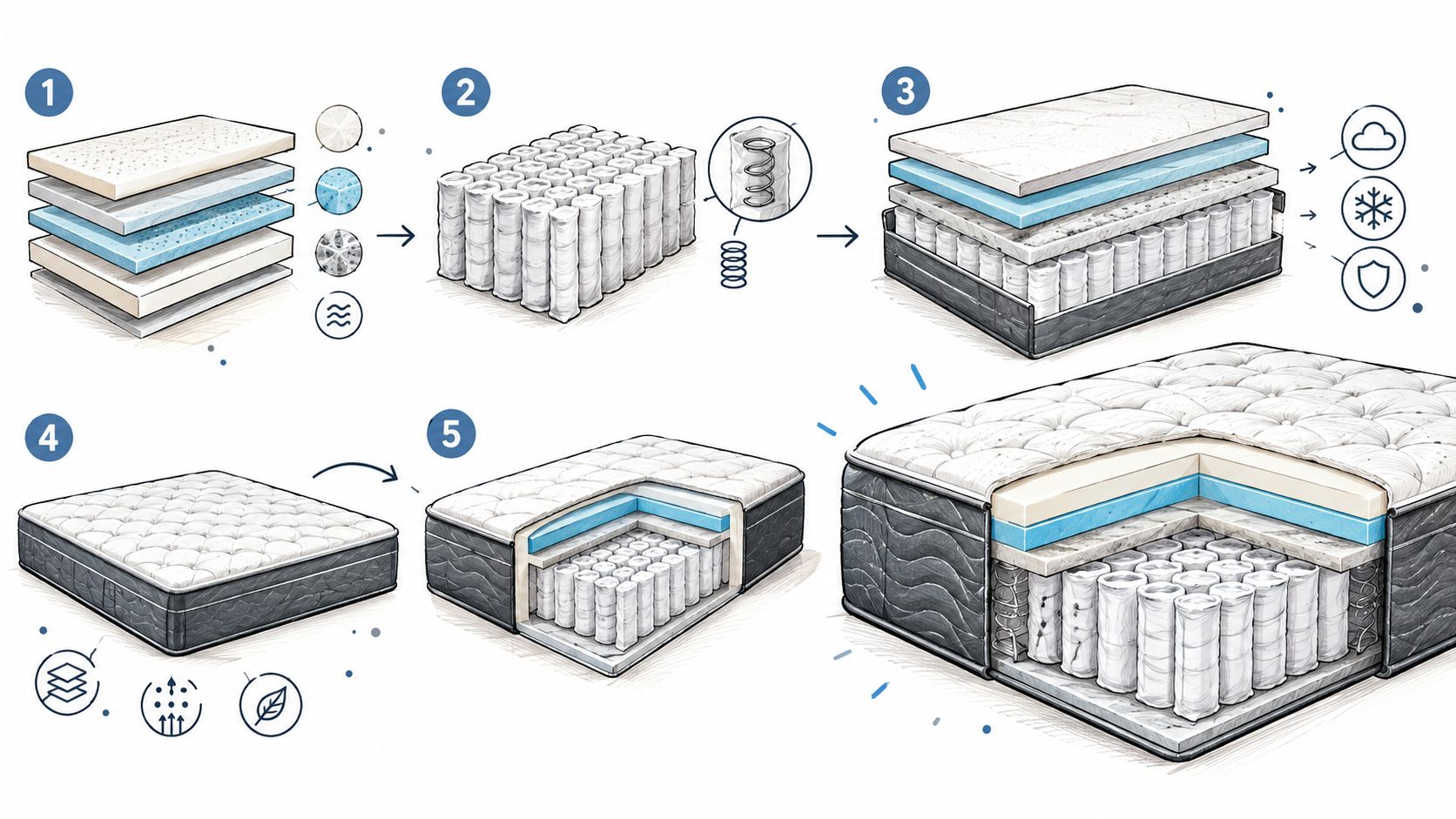 An illustration showing the five-step manufacturing process of a premium hybrid mattress with various internal layers.
