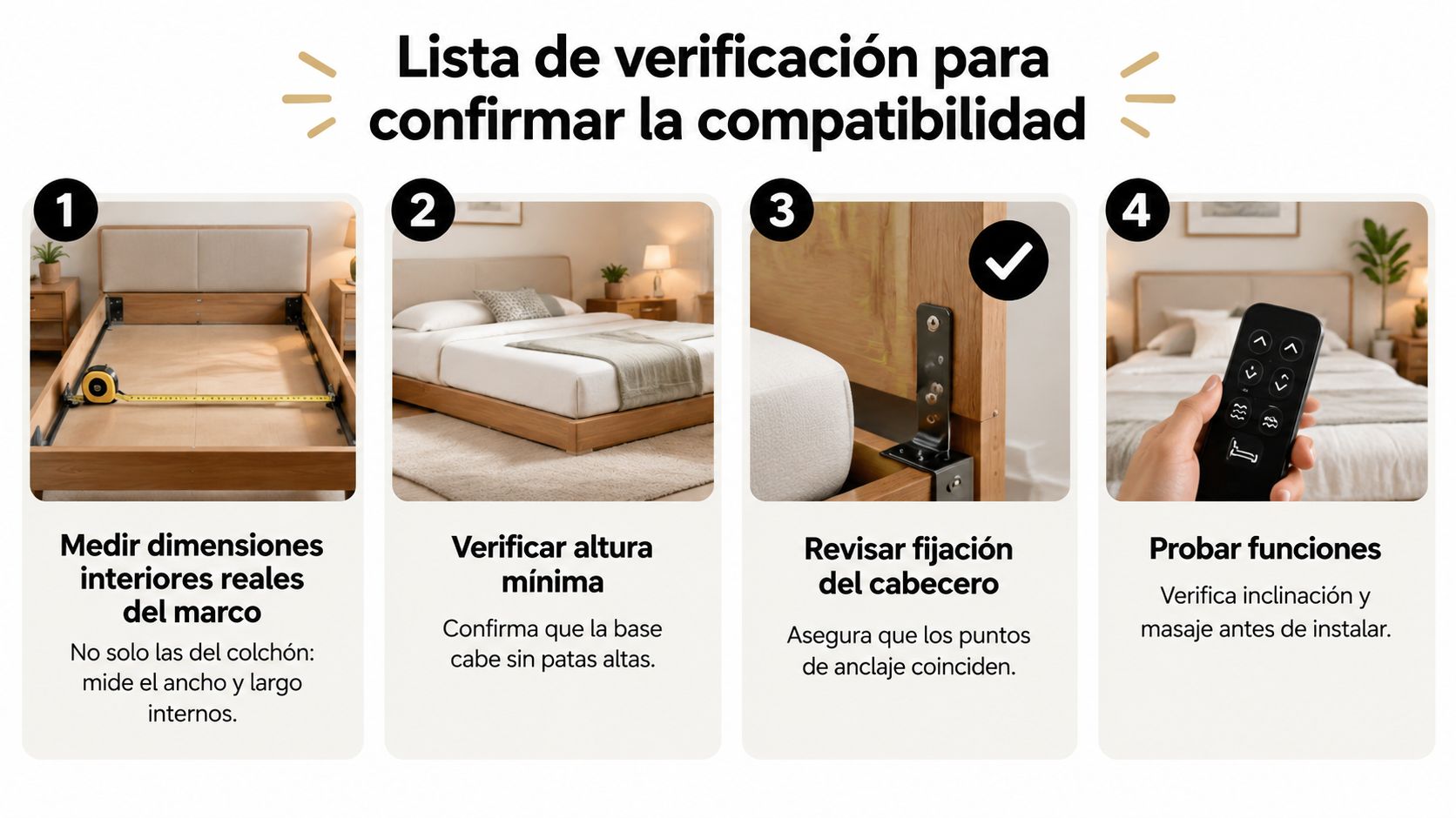 Lista de verificación ilustrada para confirmar la compatibilidad de una base ajustable con el marco de la cama.