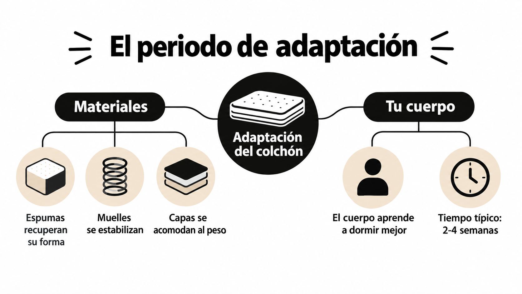 Infografía explicando el periodo de adaptación de un colchón nuevo, incluyendo materiales y ajuste corporal.