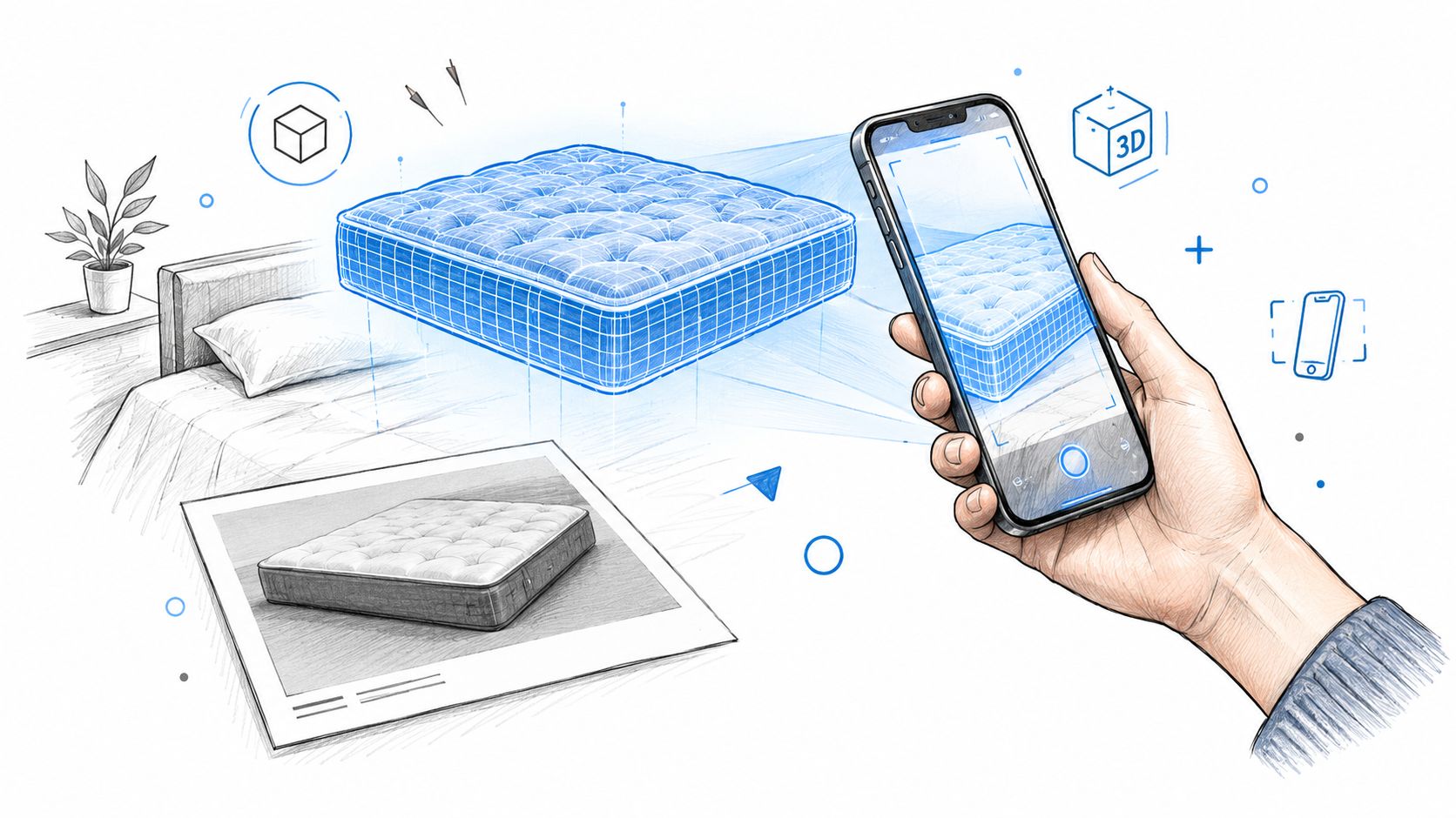 A hand holding a smartphone to scan a mattress using 3D augmented reality modeling technology.
