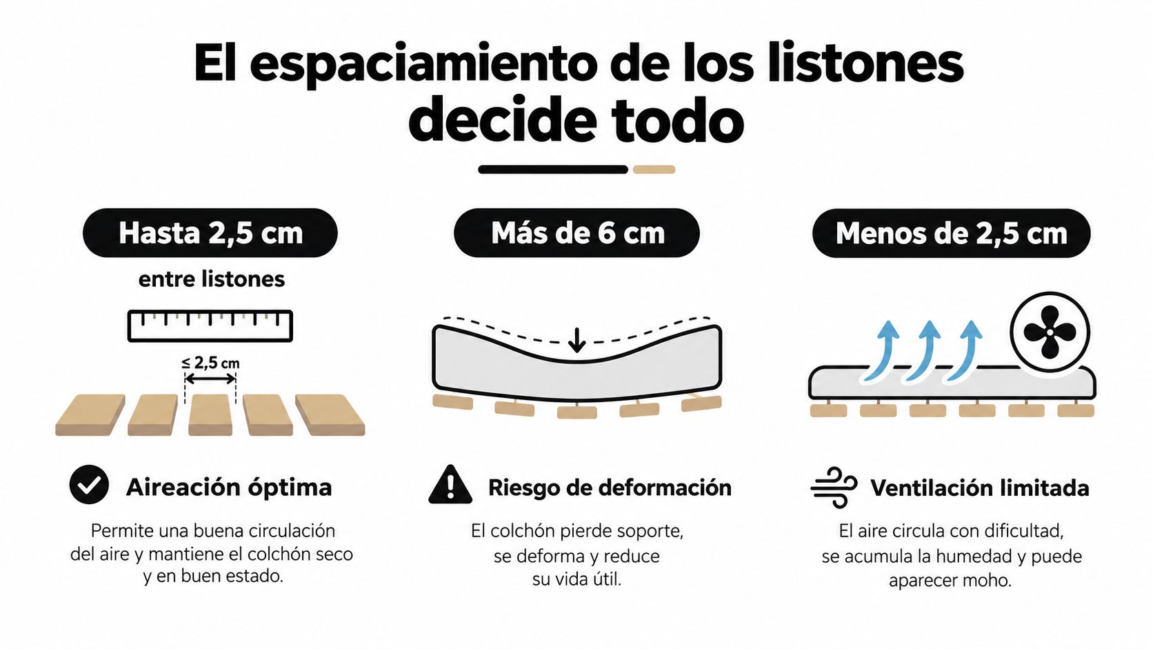 Infografía sobre el espaciado recomendado entre los listones del somier para garantizar la durabilidad del colchón.