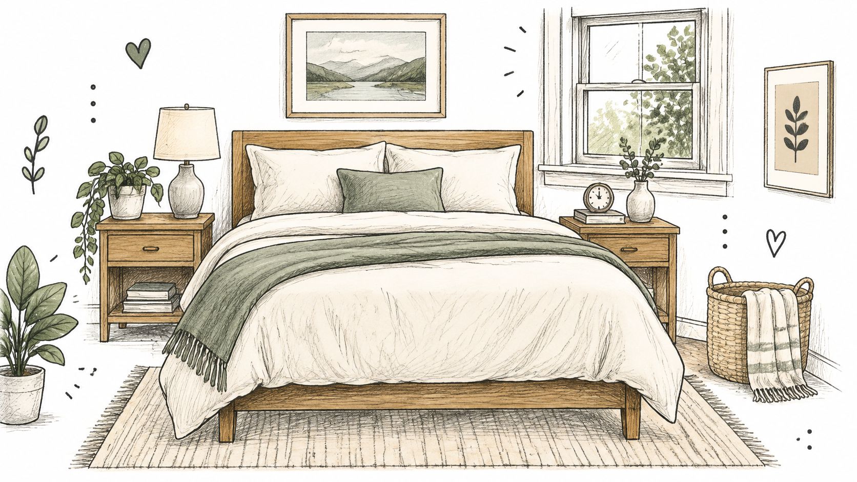 A cozy bedroom scene illustrating mattress product marketing