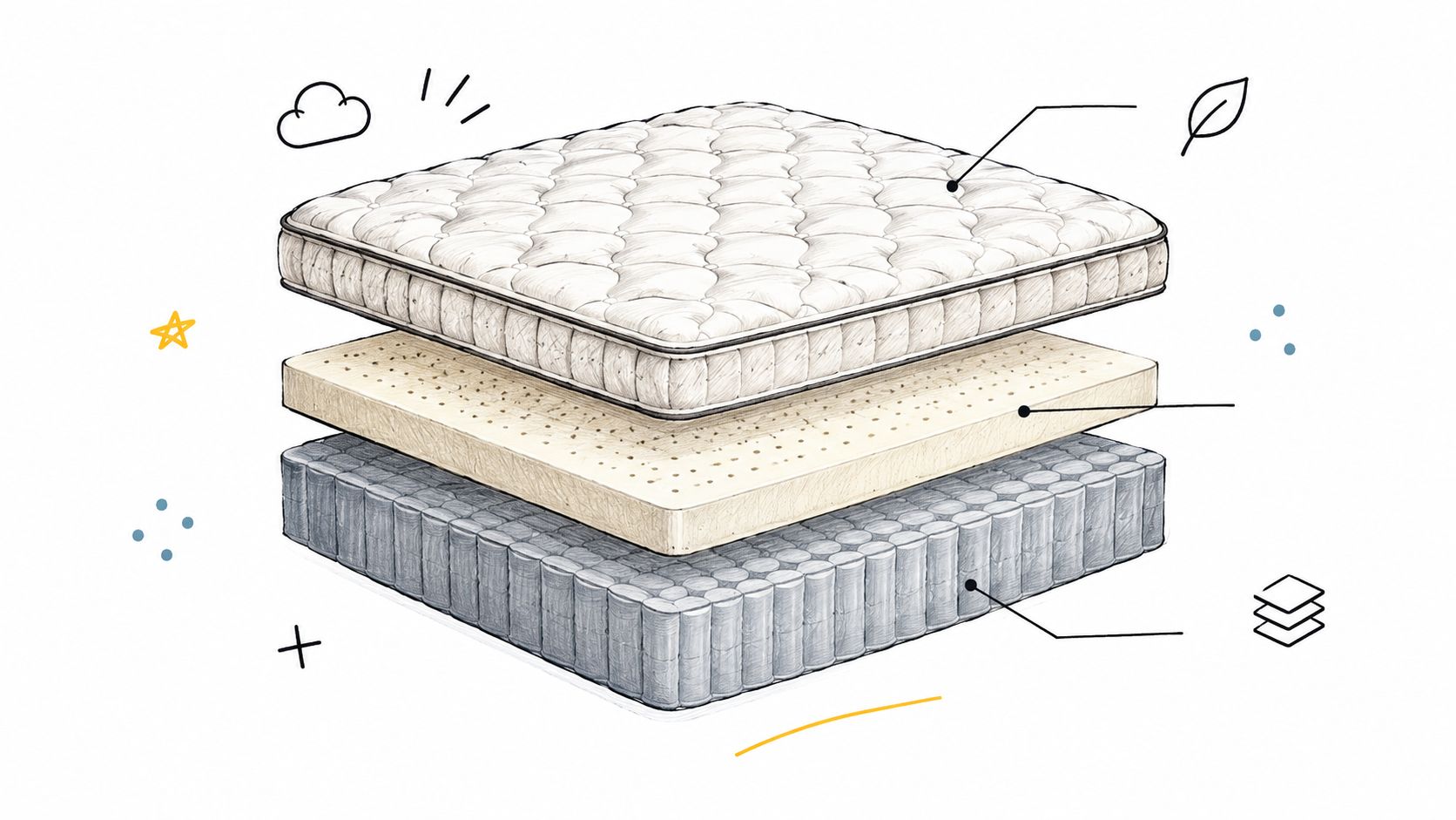 An illustration showing a three-layered mattress cross-section, highlighting top fabric, foam, and coil spring support system.