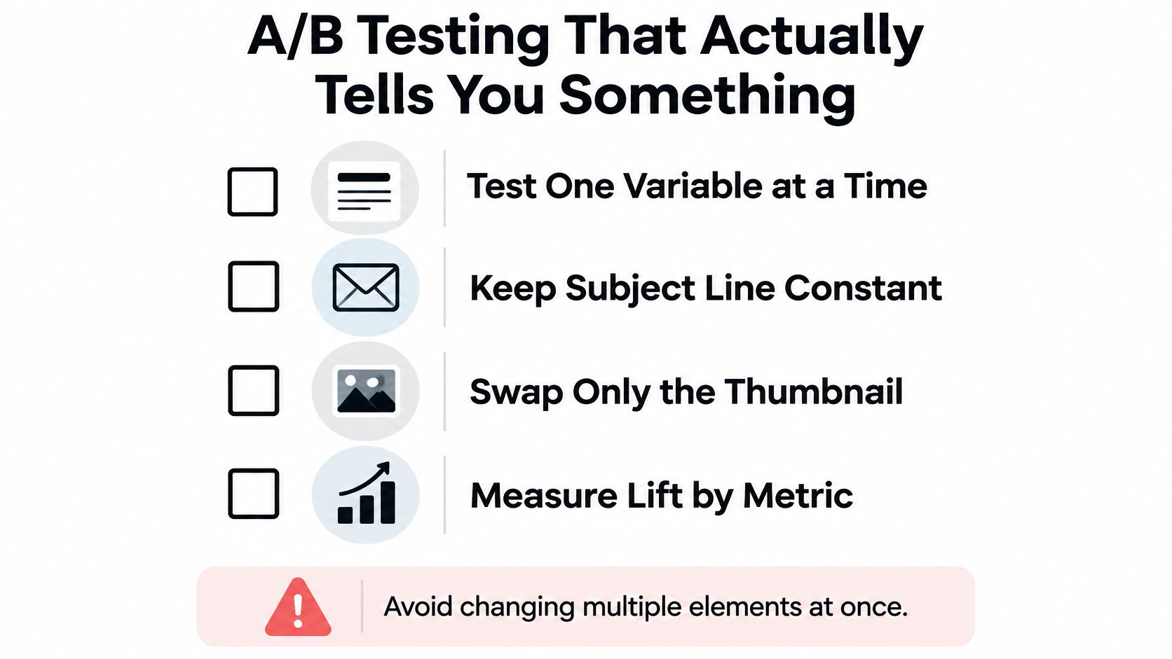 A list detailing tips for effective A/B testing in email marketing to improve performance results.
