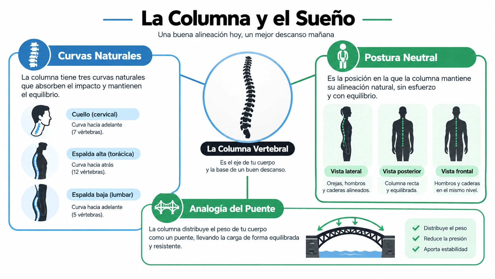 Infografía sobre la alineación de la columna vertebral, sus curvas naturales, postura neutral y analogía del puente.
