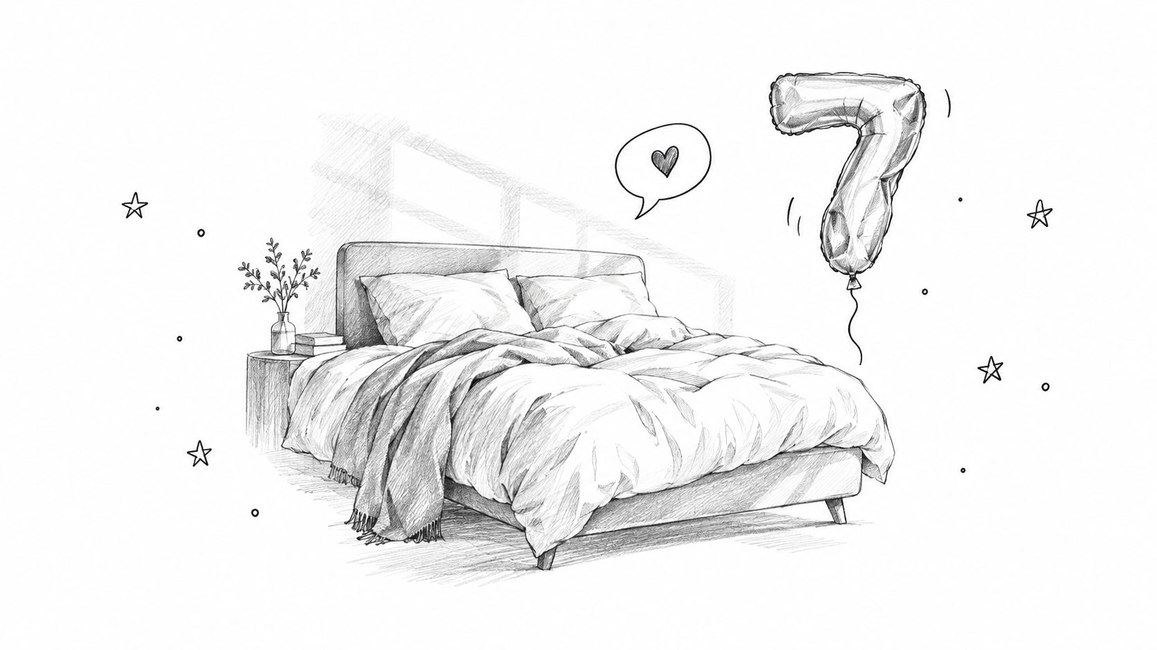 A pencil sketch of a bedroom featuring a bed, a bedside table, and a floating balloon shaped like seven.