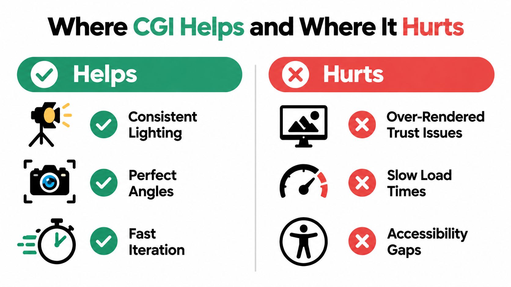 A comparison chart showing how computer generated imagery (CGI) provides benefits while presenting potential drawbacks for businesses.