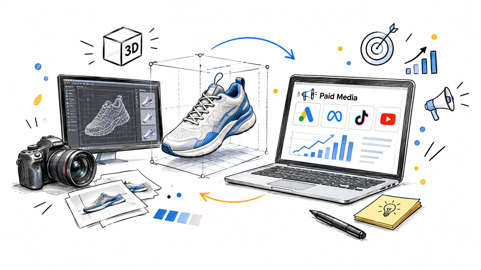 A digital illustration showing the process of 3D shoe design, photography, and paid media advertising management.