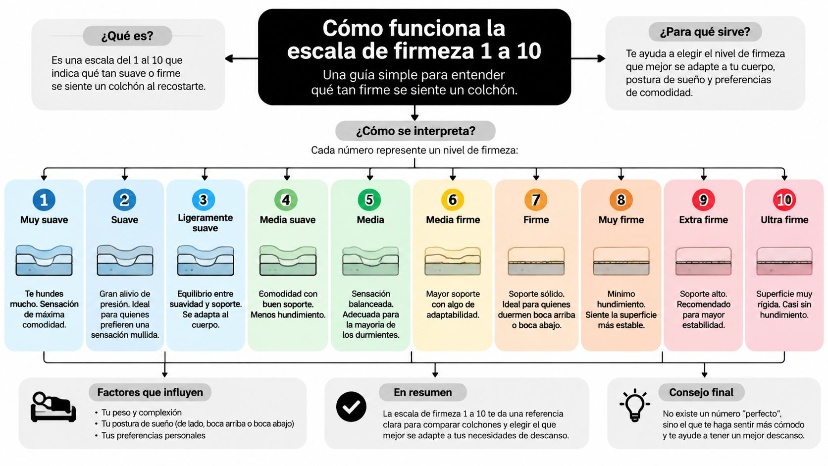 Una infografía detallada que explica la escala de firmeza de los colchones del 1 al 10.