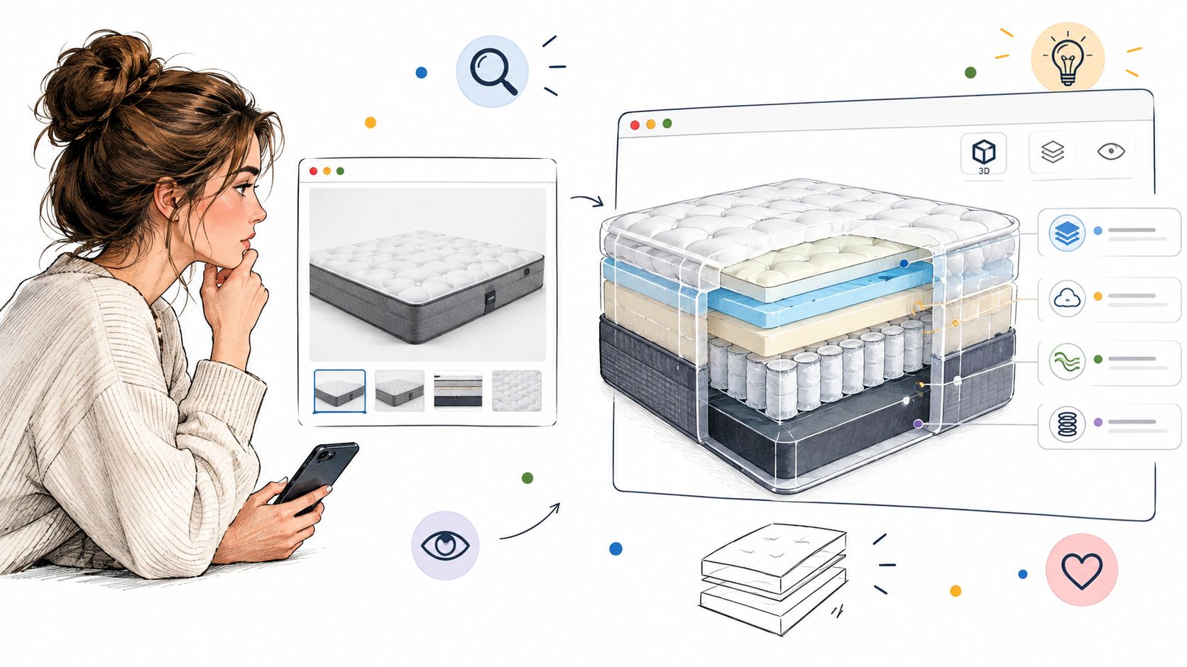 A woman uses a smartphone to view a 3D interactive model of a layered mattress online.