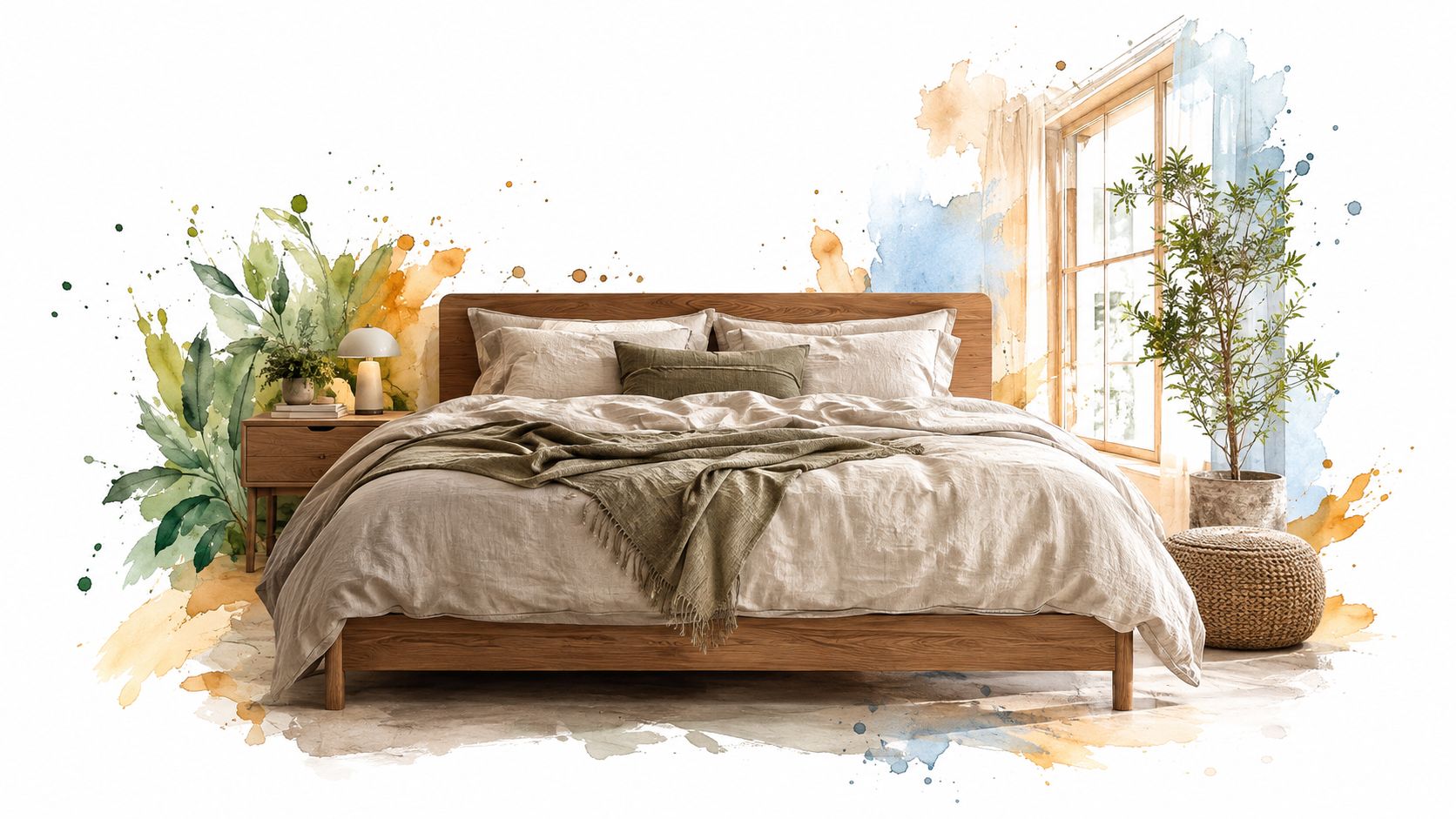 Dormitorio de estilo natural con cama de madera, ropa de cama beige y decoración botánica con acuarelas.