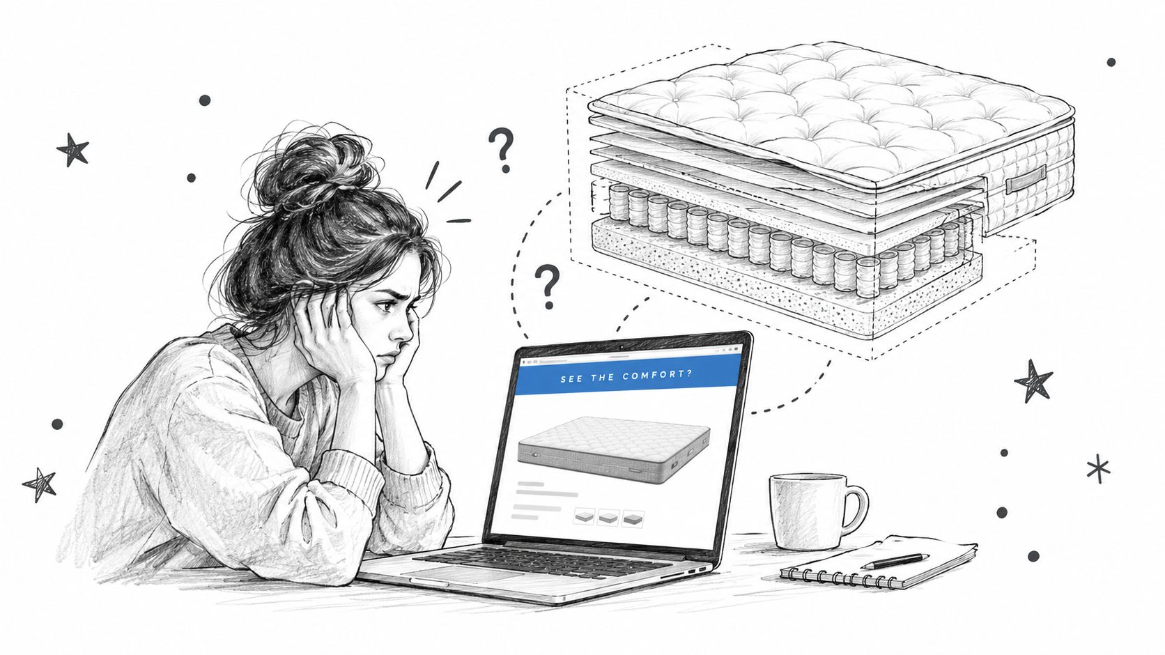 A young woman looking confused at a laptop screen displaying a detailed mattress construction diagram.