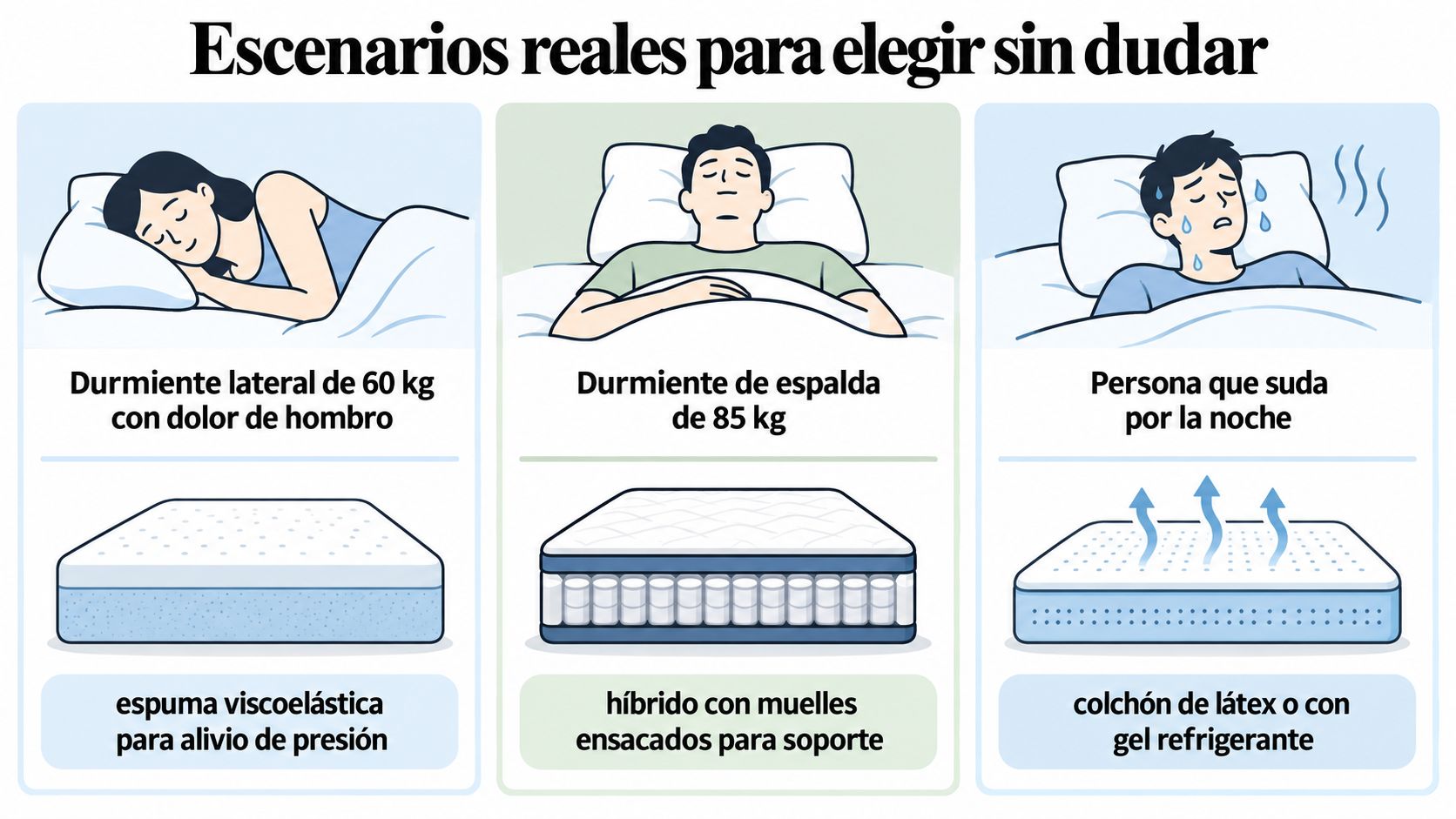 Una infografía mostrando recomendaciones de colchones ideales según la posición al dormir, peso y temperatura corporal.