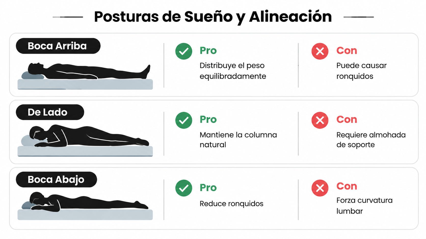 Infografía comparativa sobre las posturas de sueño, sus beneficios y contras para la alineación de la columna.