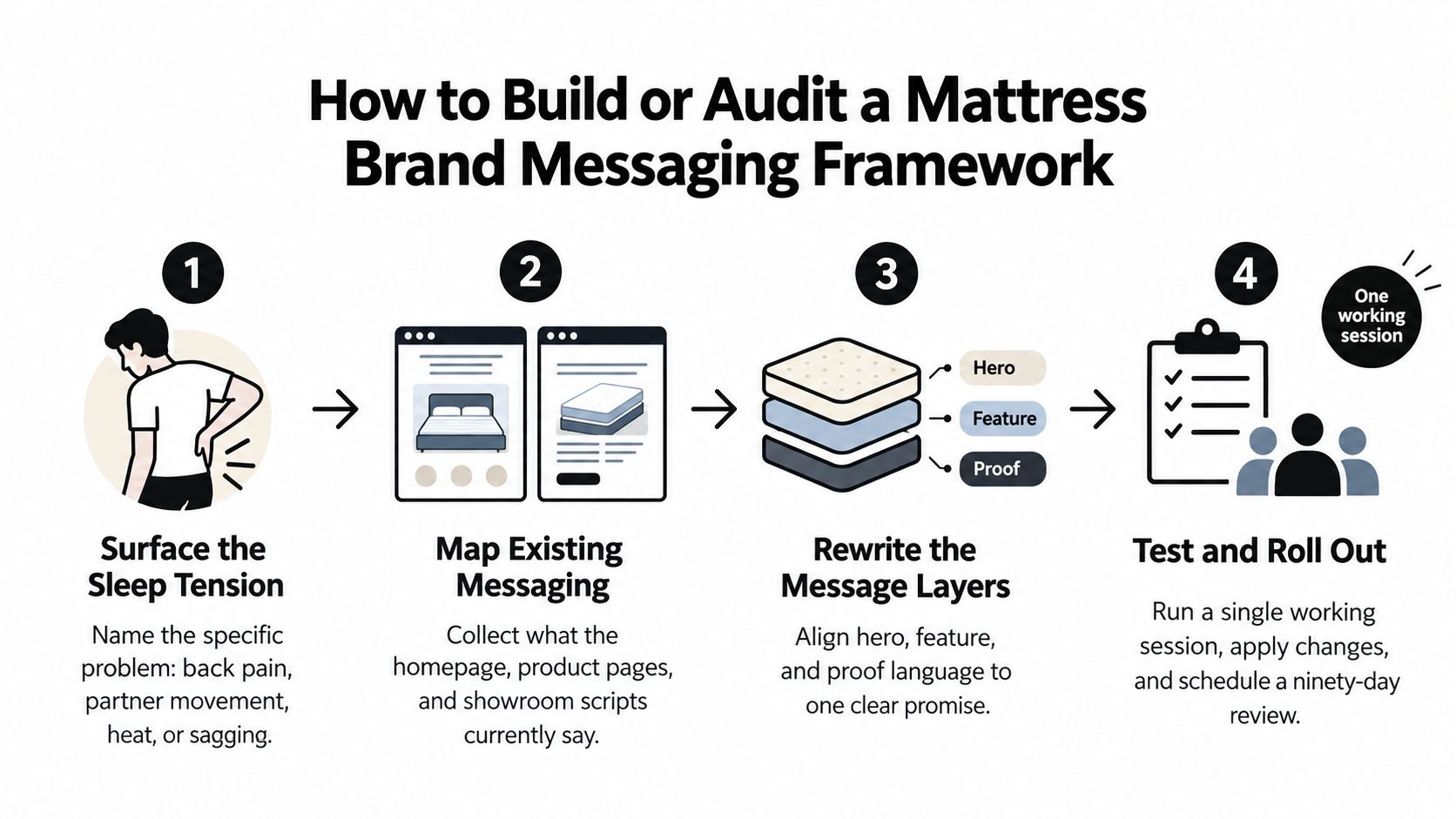 A four-step framework diagram for building or auditing a mattress brand's messaging strategy.