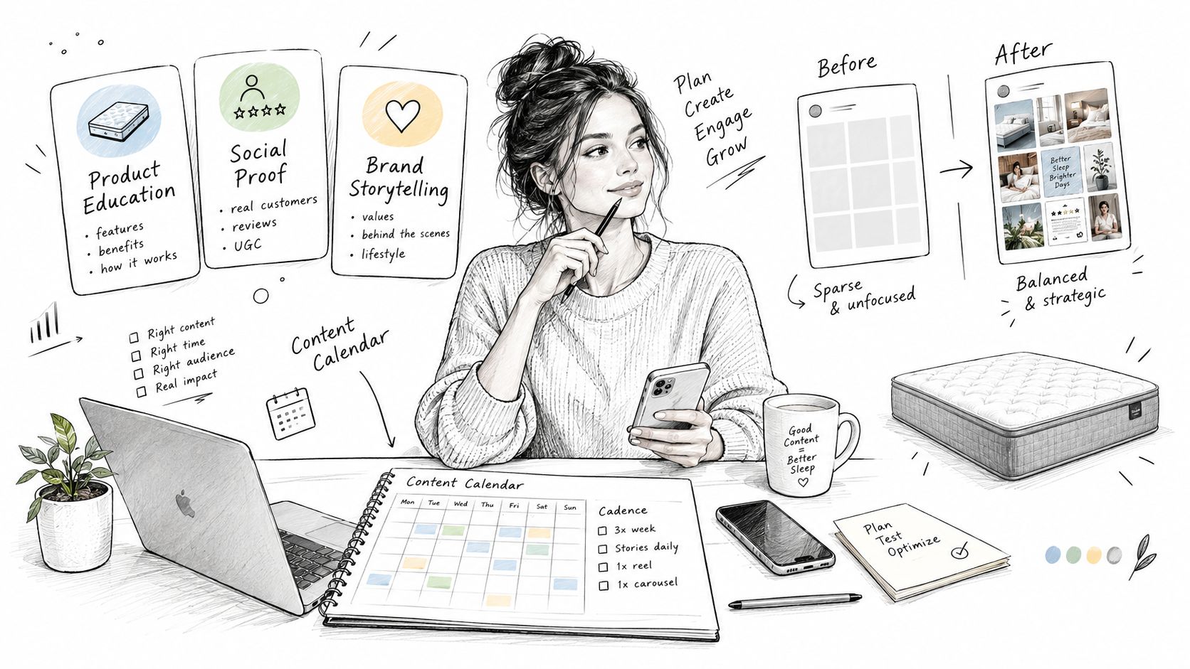 A woman sketching a strategic content planning process for mattress brand social media management at her desk.