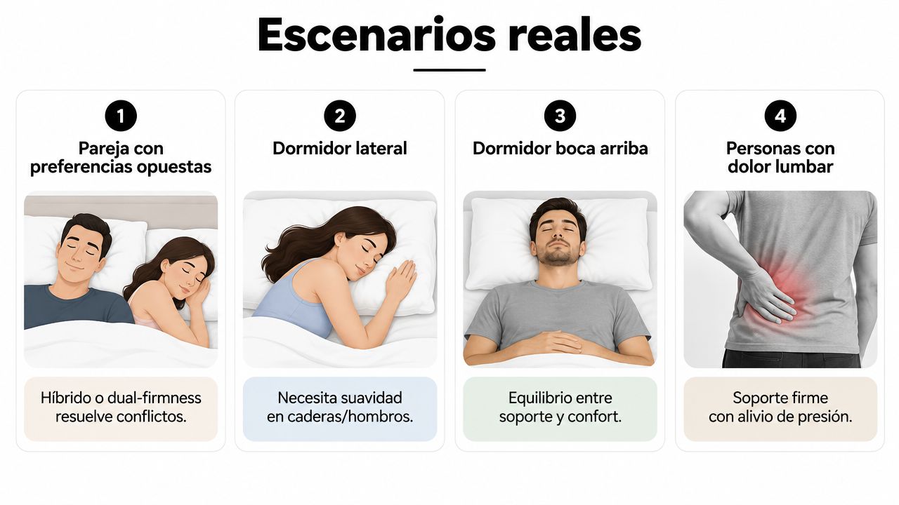 Cuatro escenarios comunes de personas durmiendo y sus necesidades específicas para elegir el colchón ideal.