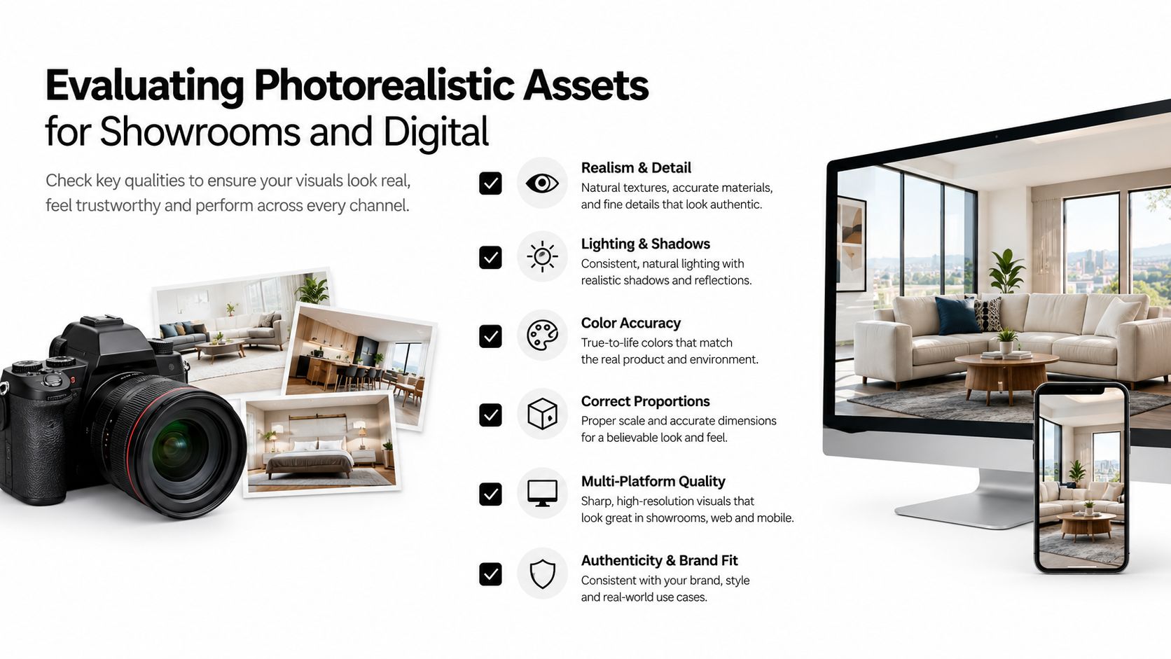 A graphic demonstrating criteria for evaluating photorealistic 3D assets for digital showrooms and marketing materials.
