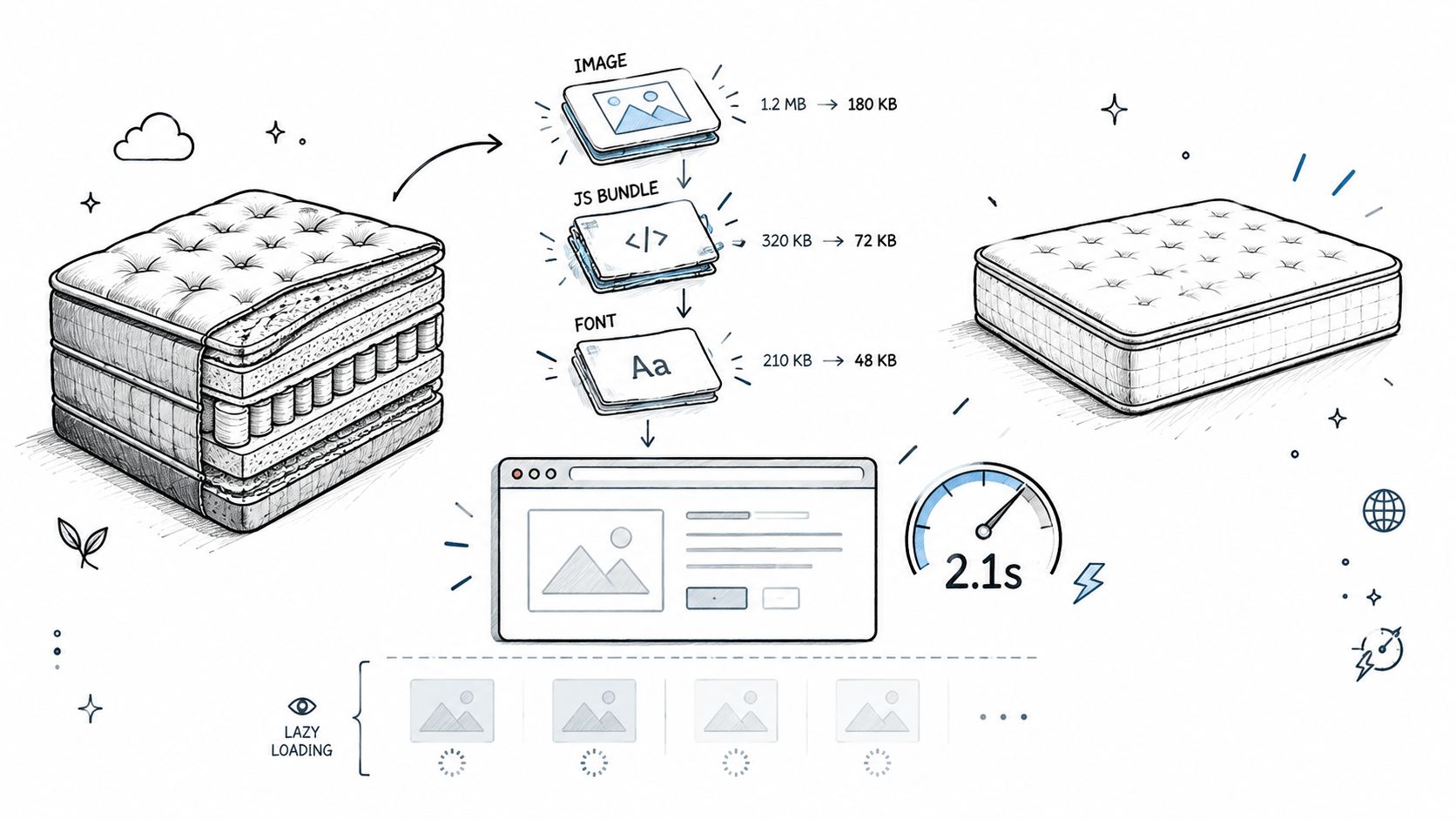 An illustration showing how to optimize website resources to reduce page load time from heavy to light.