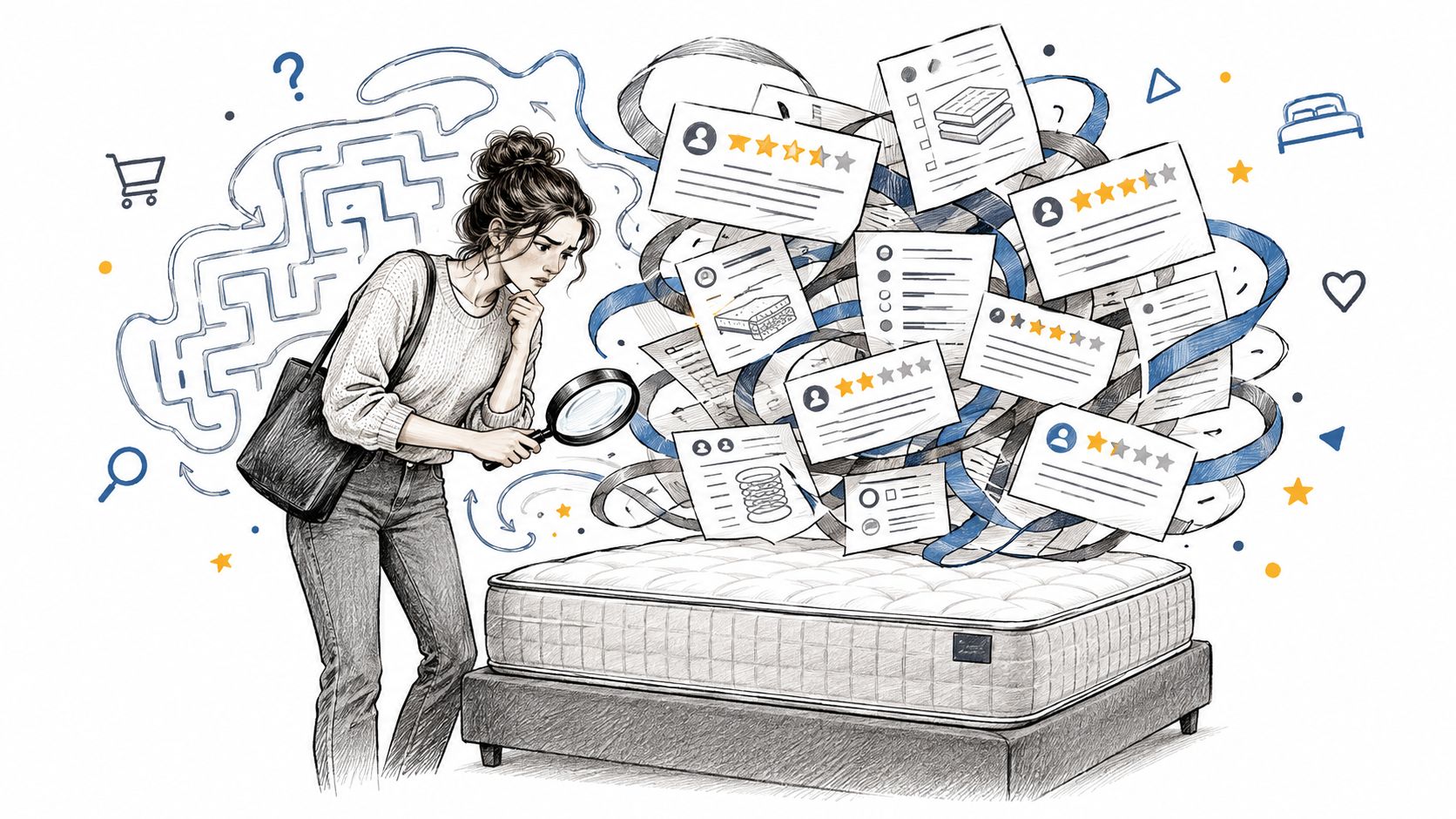 A woman uses a magnifying glass to research various customer reviews while standing near a new mattress.