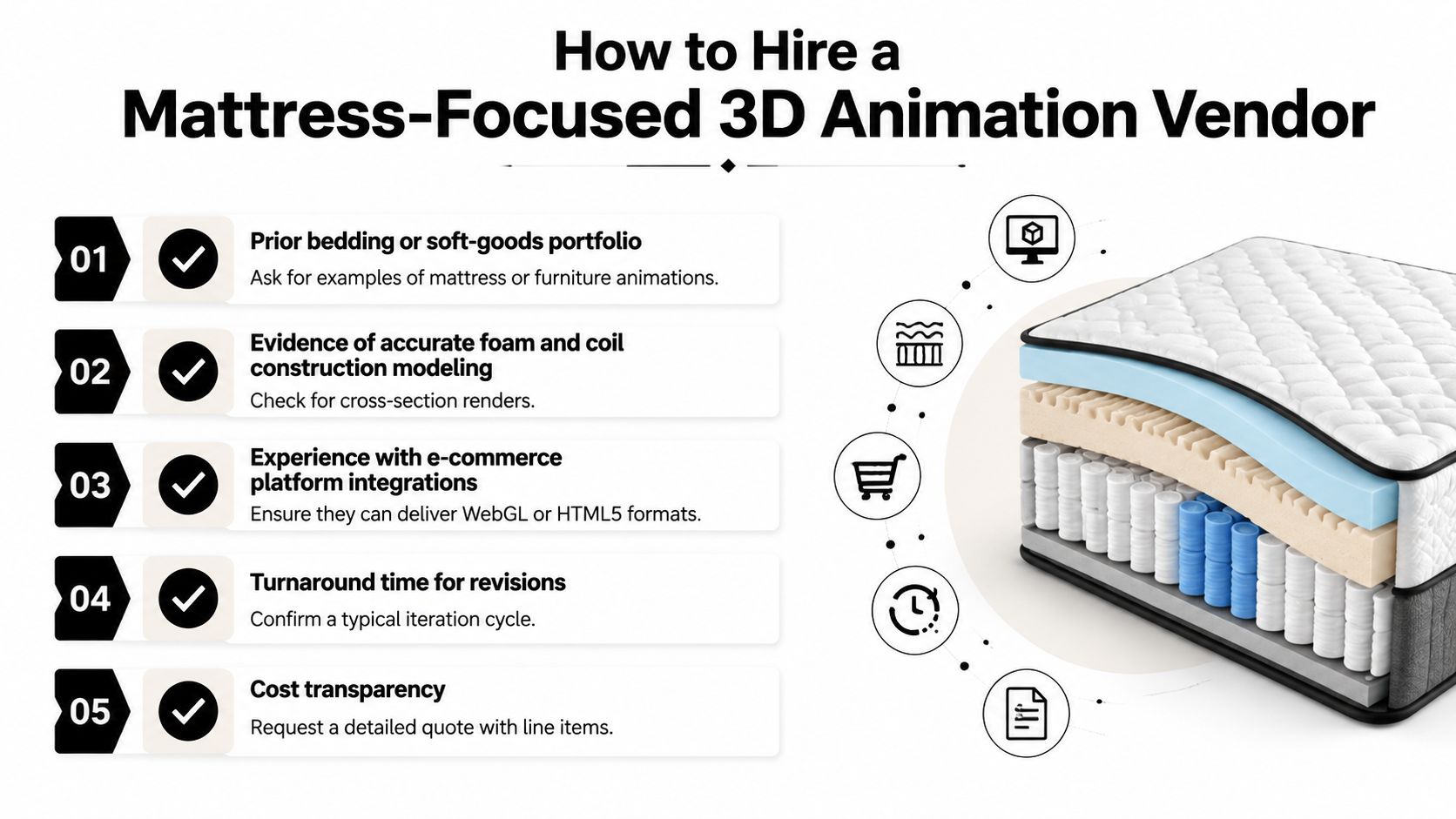 An infographic outlining five essential steps for hiring a professional 3D animation vendor for mattresses.