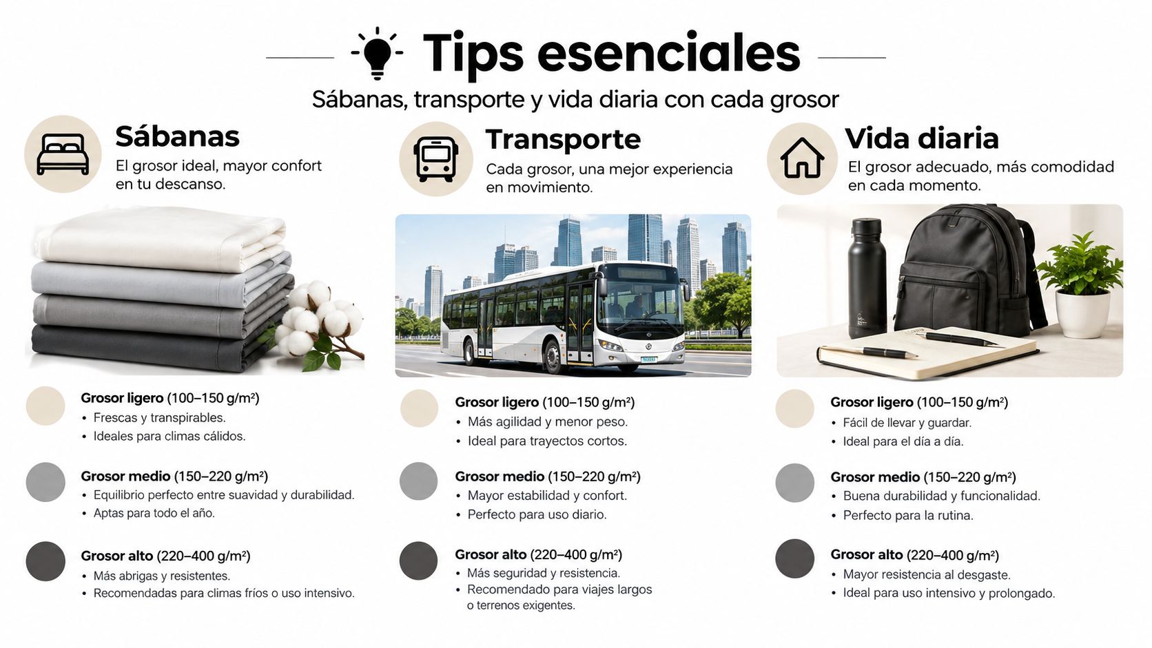 Infografía comparativa que explica el uso de diferentes gramajes o grosores para sábanas, transporte y vida diaria.