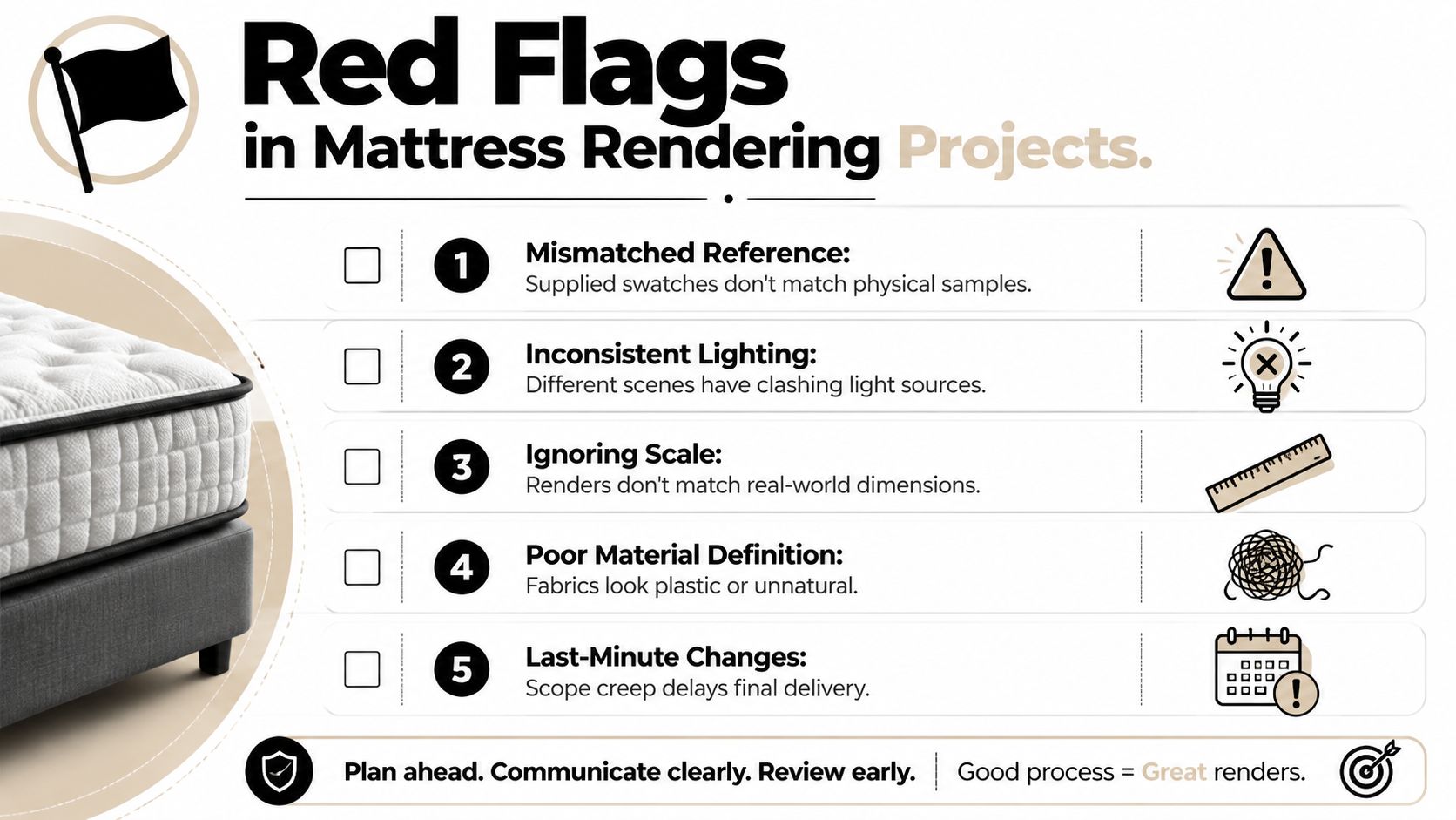 A five-point infographic titled Red Flags in Mattress Rendering Projects outlining common mistakes in 3D production.