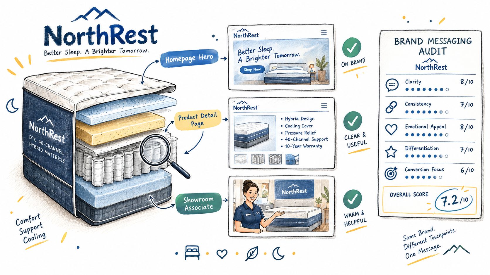 A hand-drawn illustration depicting a mattress branding audit across website, product page, and showroom touchpoints.