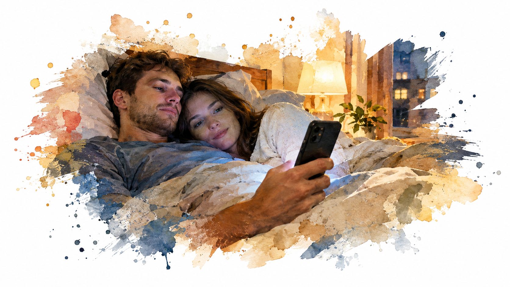 Una pareja joven acostada cómodamente en la cama mientras miran juntos la pantalla de su teléfono móvil.