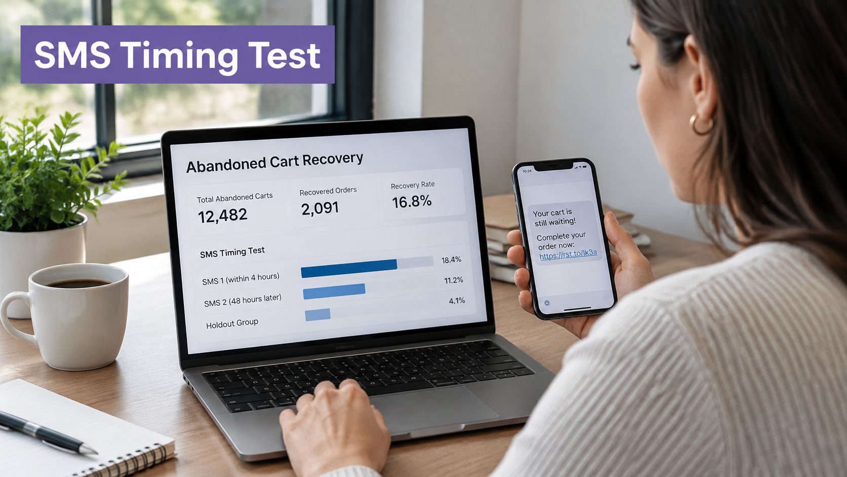 A person viewing abandoned cart recovery analytics and SMS timing test data on a laptop screen.