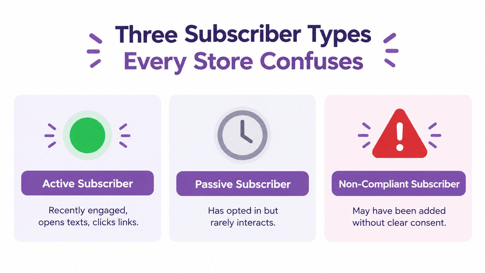 An infographic titled Three Subscriber Types Every Store Confuses, featuring descriptions for Active, Passive, and Non-Compliant subscribers.