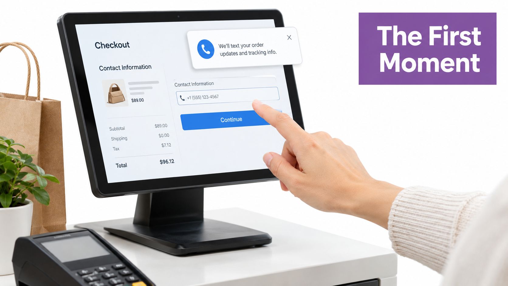 A customer interacts with a modern touchscreen checkout terminal to finalize an e-commerce order entry.