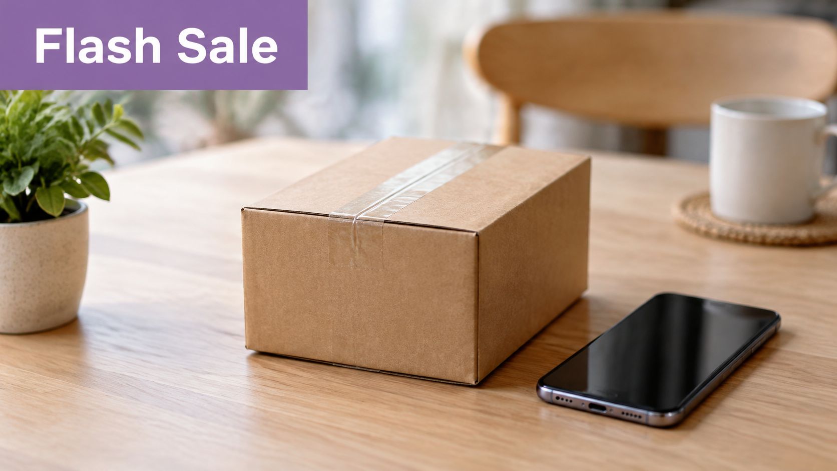 A cardboard package on a wooden table with a smartphone and plant for online shopping concepts