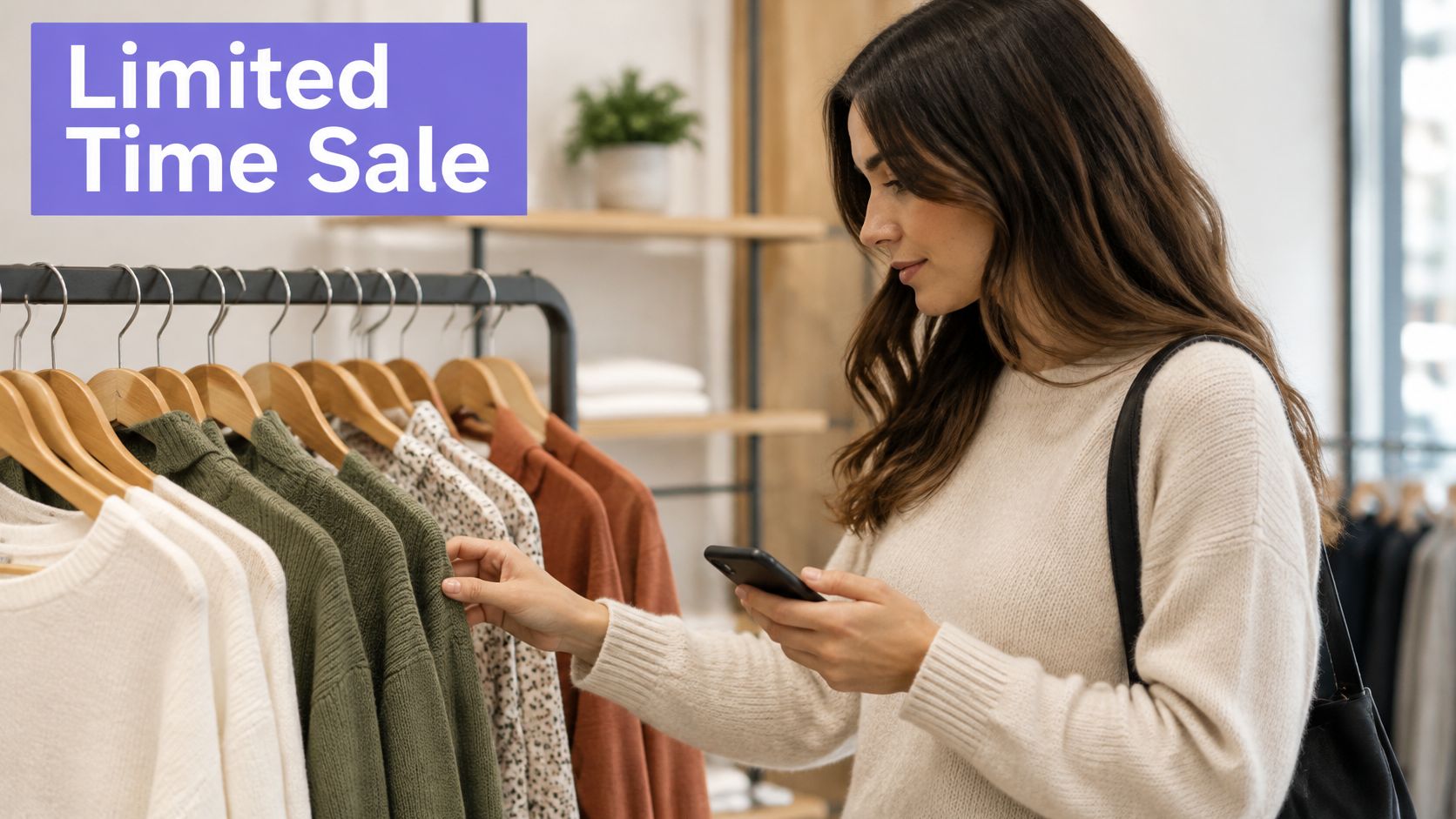 A young woman browsing a clothing store while checking her smartphone for a limited time sale.